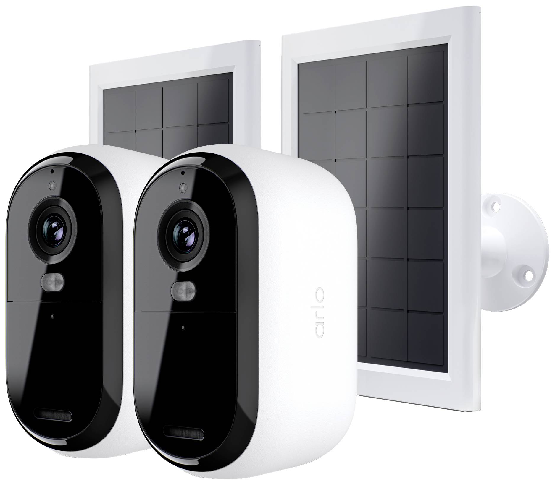 Zwei Überwachungskameras mit Solarmodulen, jeweils integriert in ein weißes Gehäuse, ideal für den Außenbereich.