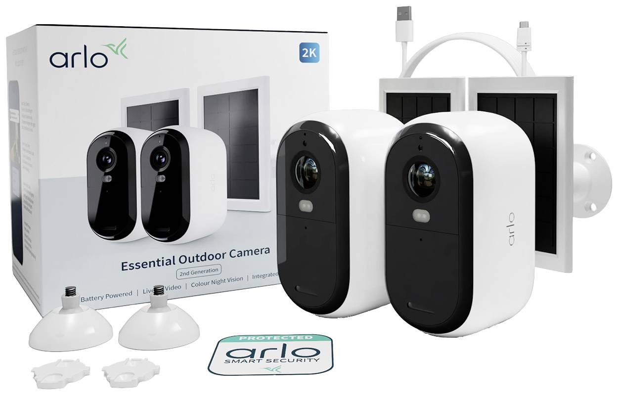 ARLO BUNDLE ESSENTIAL2 2K OUTDOOR CAMERA 2-PACK + 2-SOLAR PANEL VMK3250-100EUS IP-Überwachungskamera-Set mit 2 Kameras 2688 x 1520 Pixel