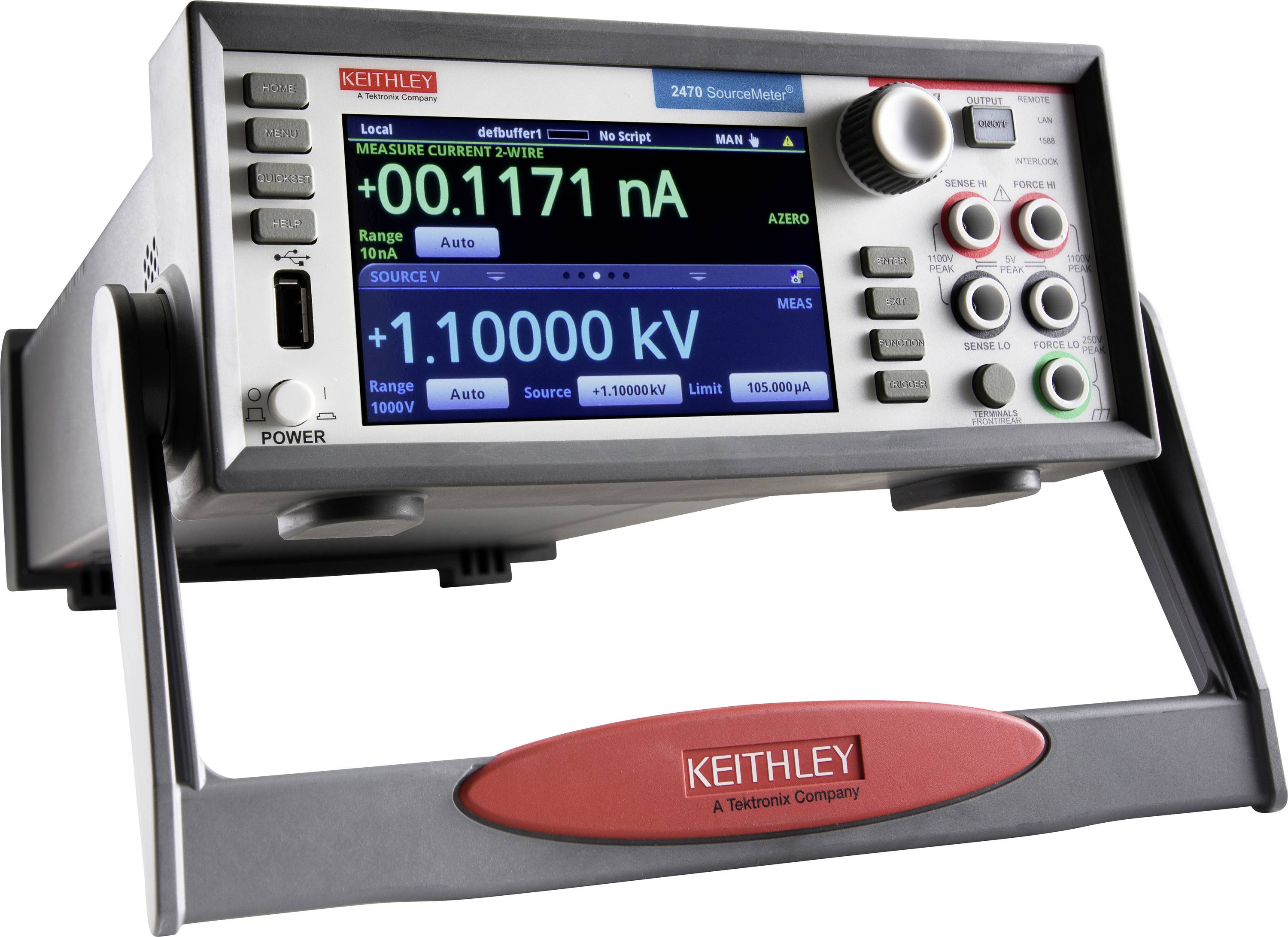 Ein elektronisches Messgerät zeigt Messwerte an: Strom 0,1171 nA und Spannung 1,0000 kV. Es hat mehrere Anzeigen und Bedienelemente.