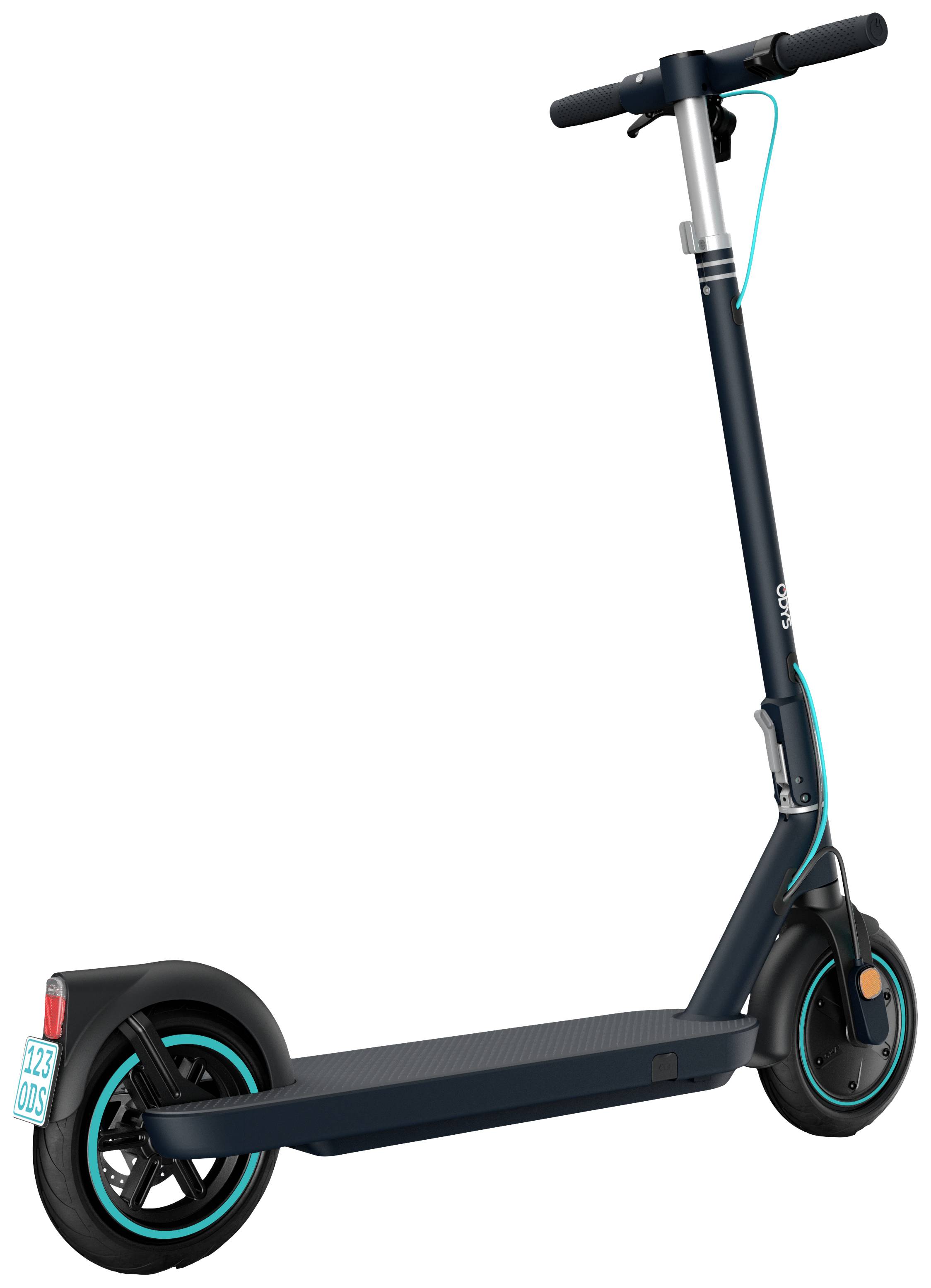 Ein elektrischer Kickroller mit schwarzen Rädern und türkisfarbenen Akzenten. Der Lenker ist mit einem Kabel verbunden.