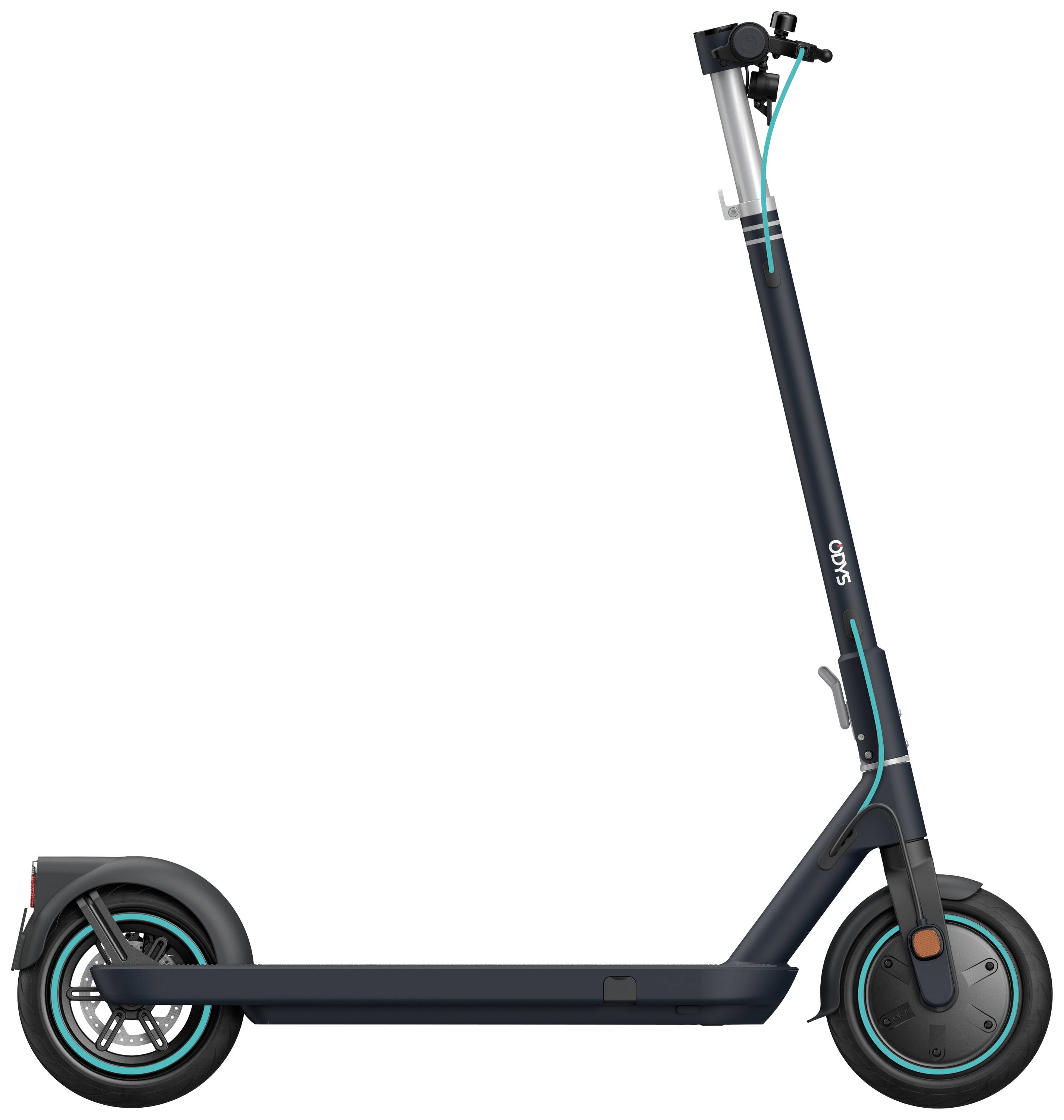 Ein schwarzer Elektroroller mit blauen Akzenten, seitlich gesehen. Er hat ein schlankes Design und große, stabile Reifen.