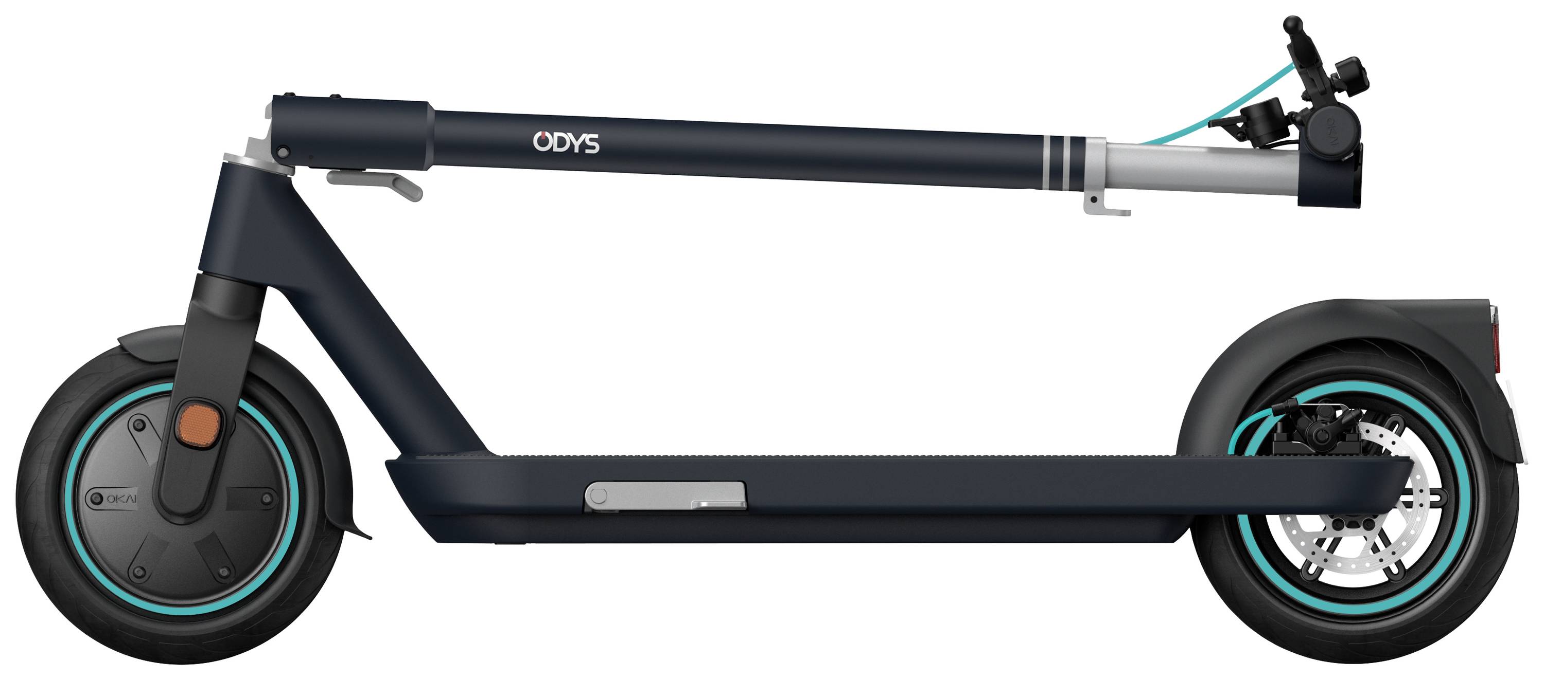 Schwarzer E-Scooter mit grün-blauen Akzenten, zusammengeklappt. Der Scooter hat eine breite Trittfläche und robuste Räder.