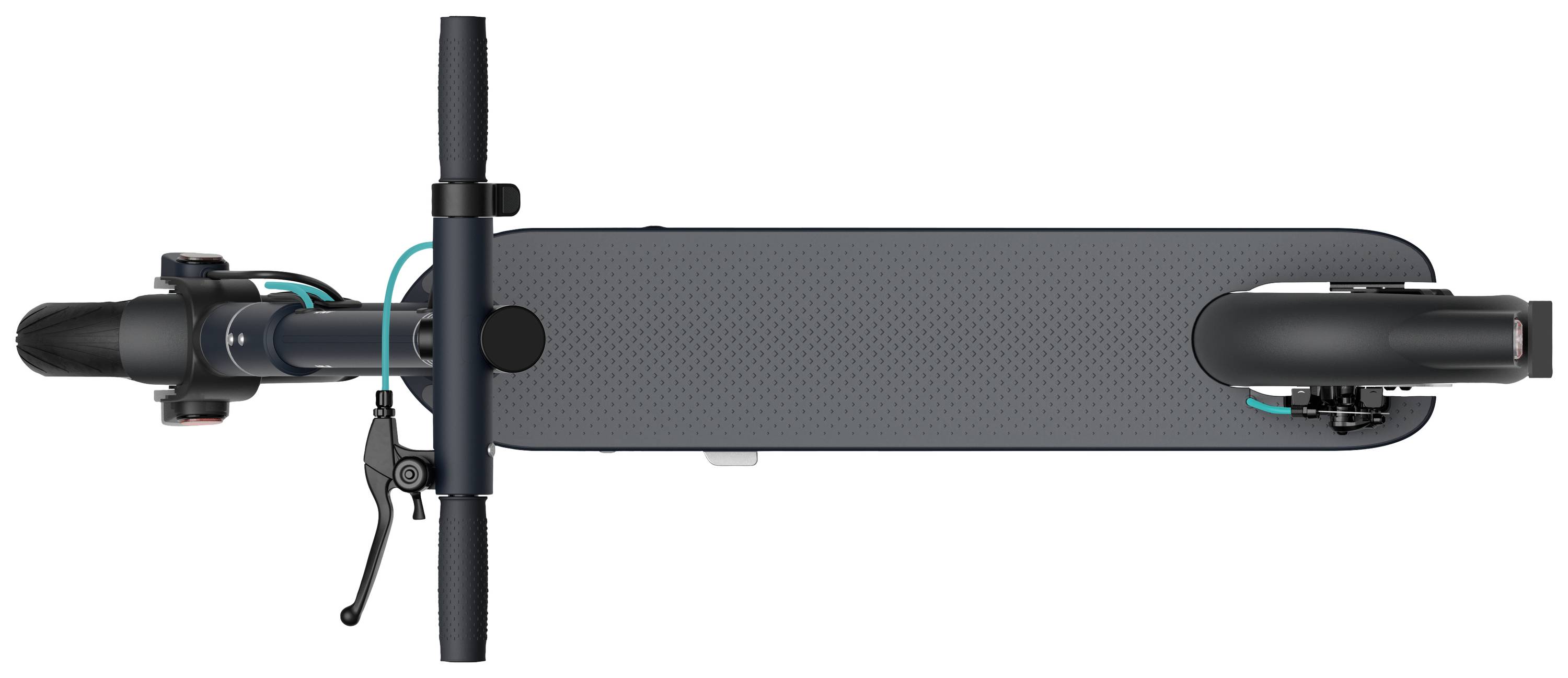 Ein schwarzer Elektroroller von oben, zeigt Lenker, Trittfläche und Räder. Lenker mit Bremshebel, Kabel sichtbar.