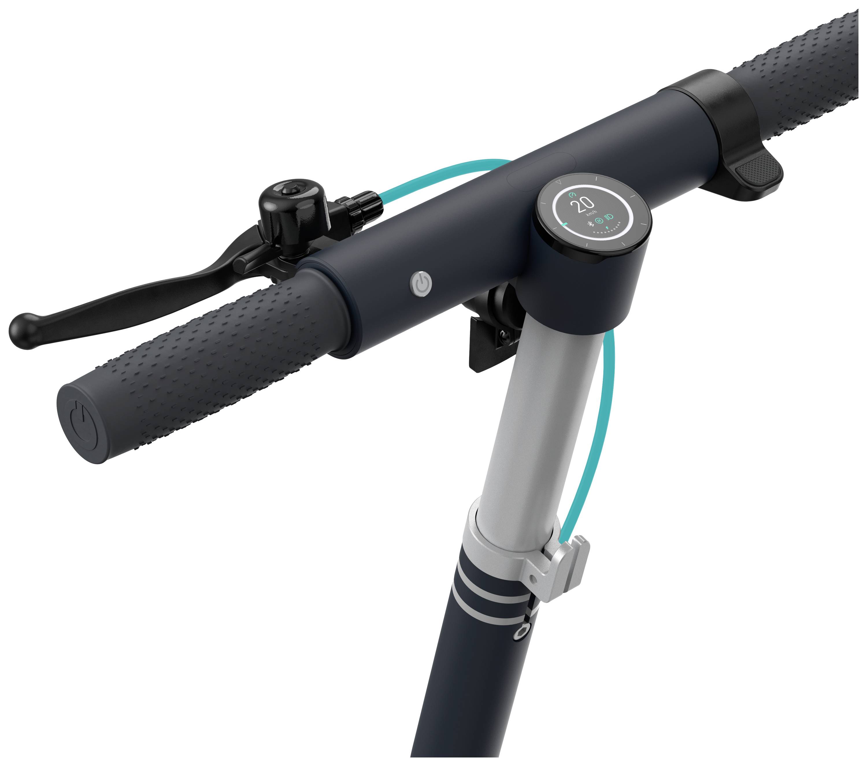 Ein schwarzer E-Scooter-Lenker mit digitalem Display zeigt 20 km/h an. Rechts ein Bremshebel, links ein Klingelknopf.