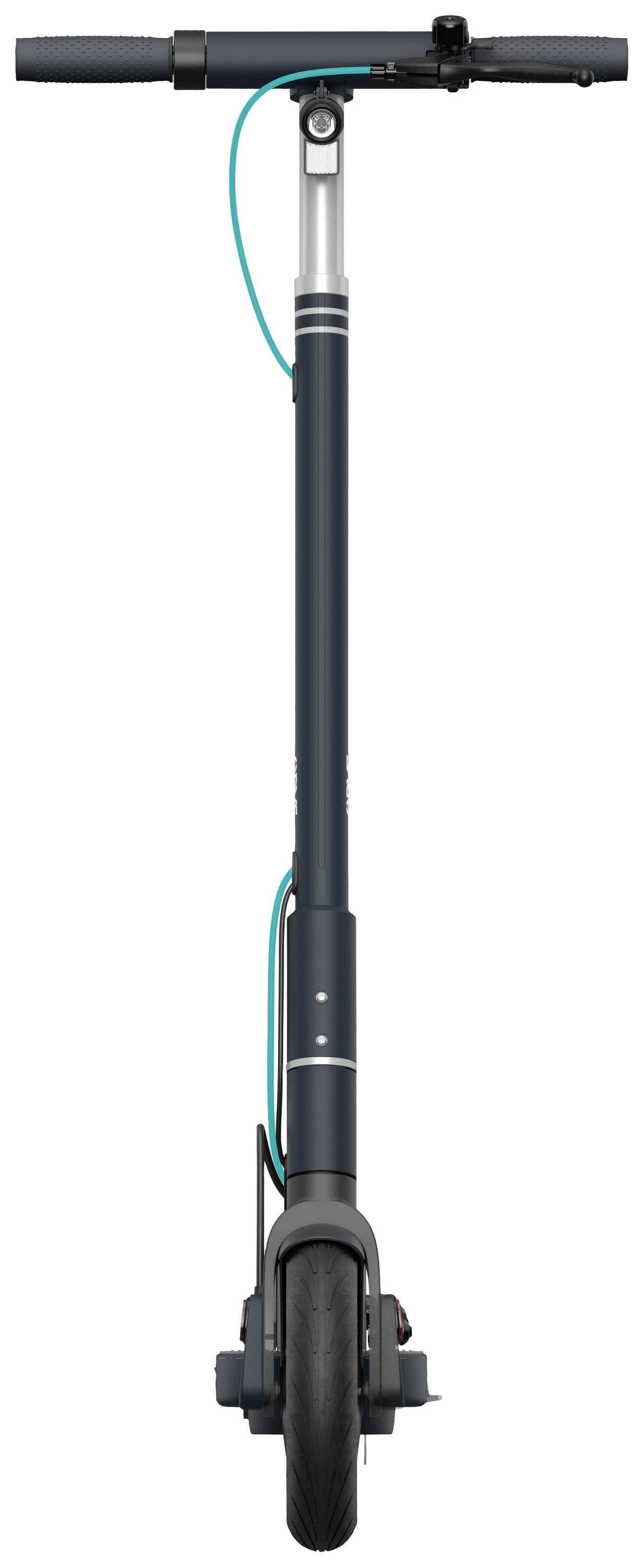 Elektroroller von vorne, mit schwarzer Lenkstange und blauem Kabel; schmale Bauweise, geeignet für den städtischen Verkehr.