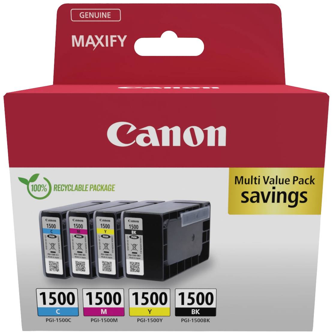 'Canon Maxify Tintenpatronen Multipack' zeigt vier Tintenpatronen (Cyan, Magenta, Gelb, Schwarz). Verpackung mit '100% recycelbares Paket' und 'Multi Value Pack savings'.