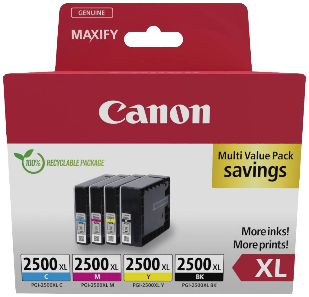 Canon-Druckerpatronen im Mehrwertpack, kompatibel mit PGI-2500XL-Serie. Enthält Cyan, Magenta, Gelb, Schwarz. Spart Tinte und Druckkosten.
