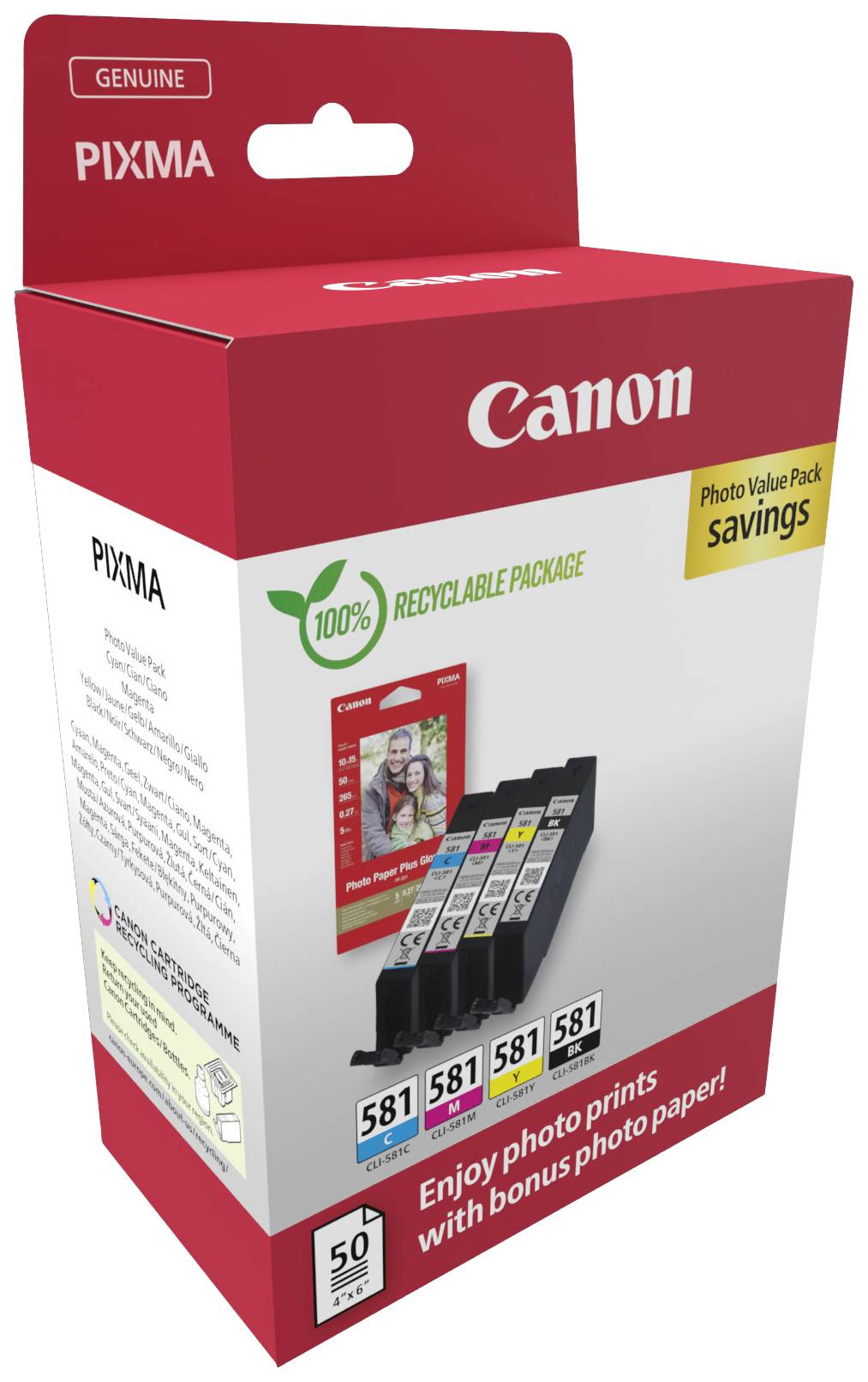 Canon Tintenpatronen-Packung mit 'Photo Value Pack' Aufdruck. Enthält vier Patronen und 50 Fotopapiere. Verpackung zu 100 % recycelbar.