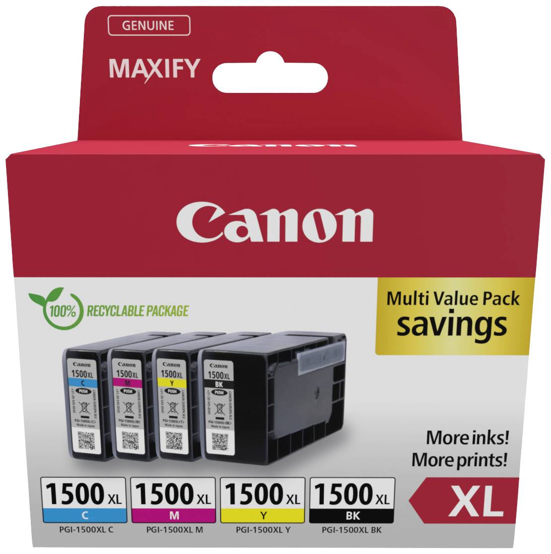 Canon MAXIFY XL Tintenpatronen Multipack. Enthält 4 XL Patronen: Schwarz, Cyan, Magenta, Gelb. Kompatibel mit PGI-1500XL Druckern.