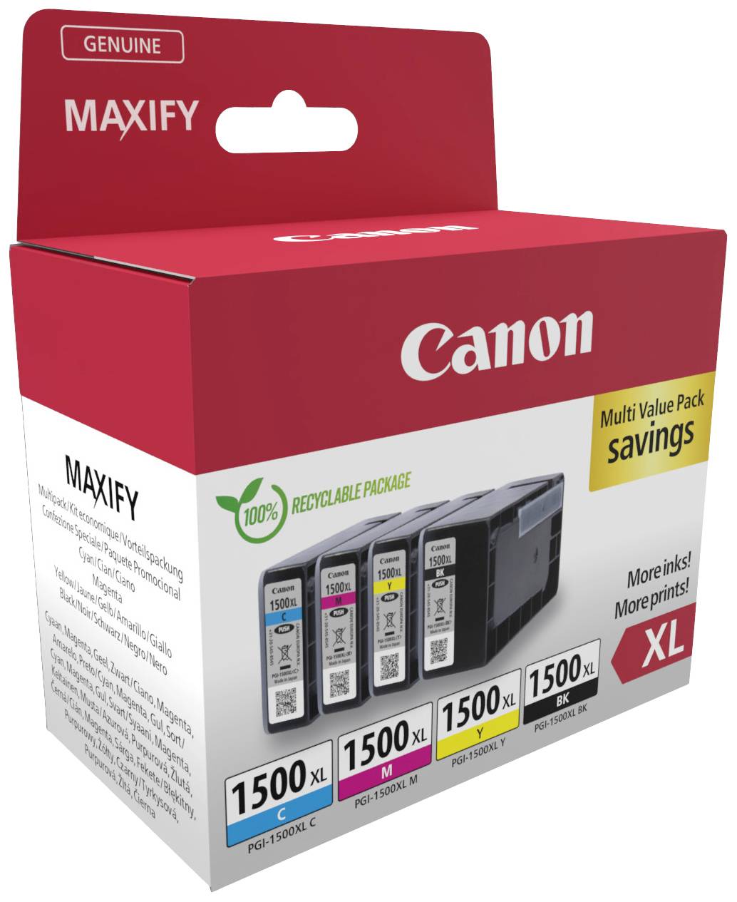 Canon Druckerpatronen-Multipack mit 100% recycelbarer Verpackung. Enthält vier XL-Patronen: Cyan, Magenta, Gelb und Schwarz.