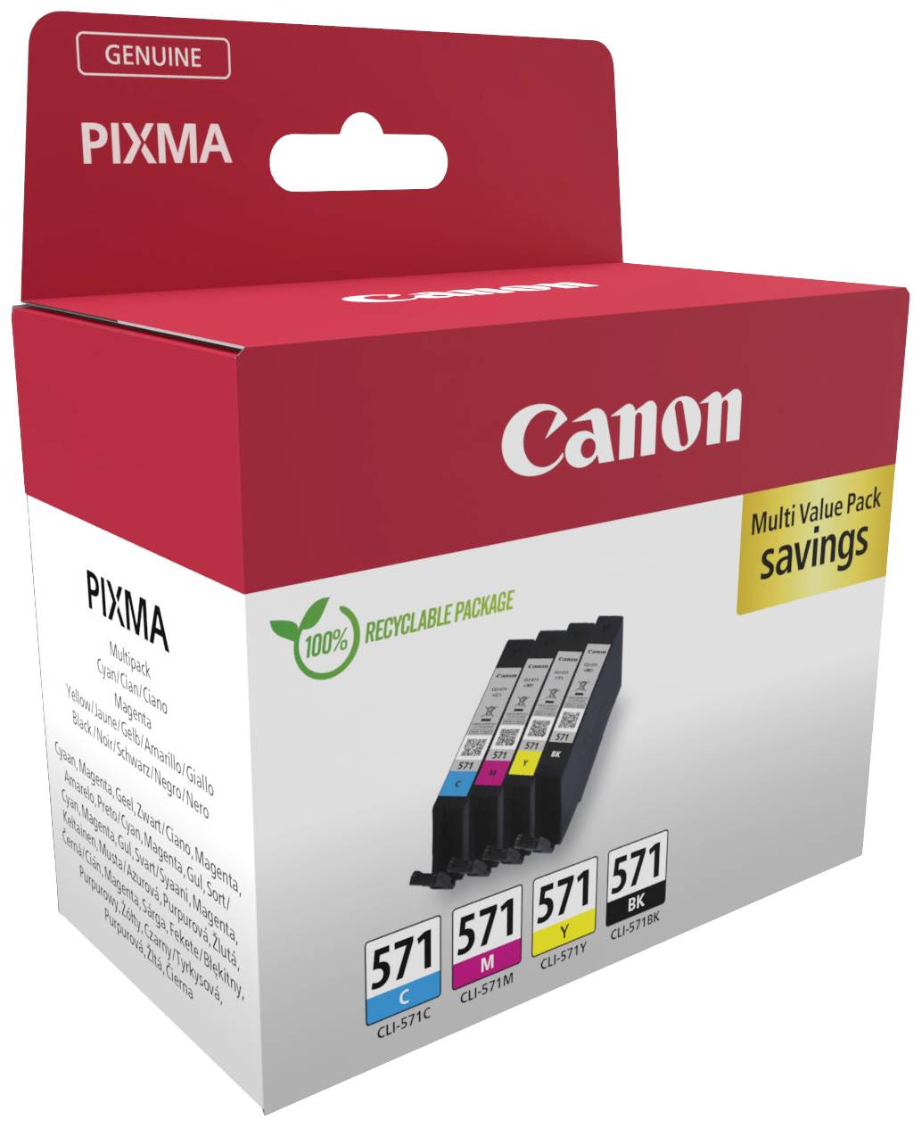 'Canon PIXMA Multi Value Pack' Druckerpatronen in einer rot-weißen, recyclebaren Verpackung mit vier Farben: Cyan, Magenta, Gelb, Schwarz.