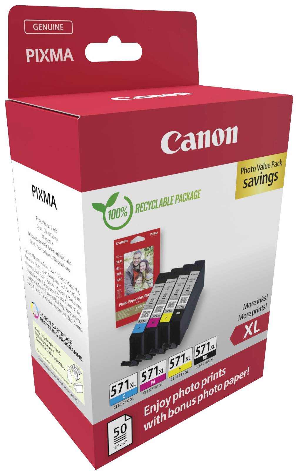 Rote Verpackung für Canon Tintenpatronen mit XL-Kapazität. Enthält vier Patronen. Hebt nachhaltige, recycelbare Verpackung hervor.