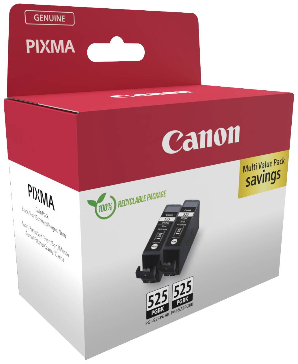 Zwei Canon Tintenpatronen in einer roten Verpackung der Serie 525 PGI und 525 CLI für Canon PIXMA-Drucker. Enthält Recycling-Logo und Sparhinweis.
