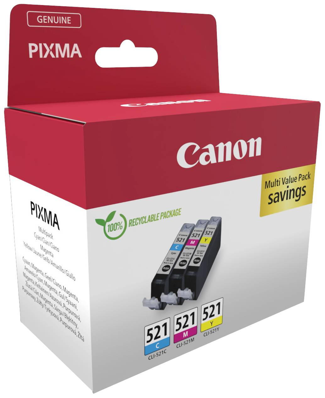 Dreierpack Patronen für Canon-Drucker: Cyan, Magenta, Gelb. Verpackung mit Hinweis auf Recycling und Sparangebot.