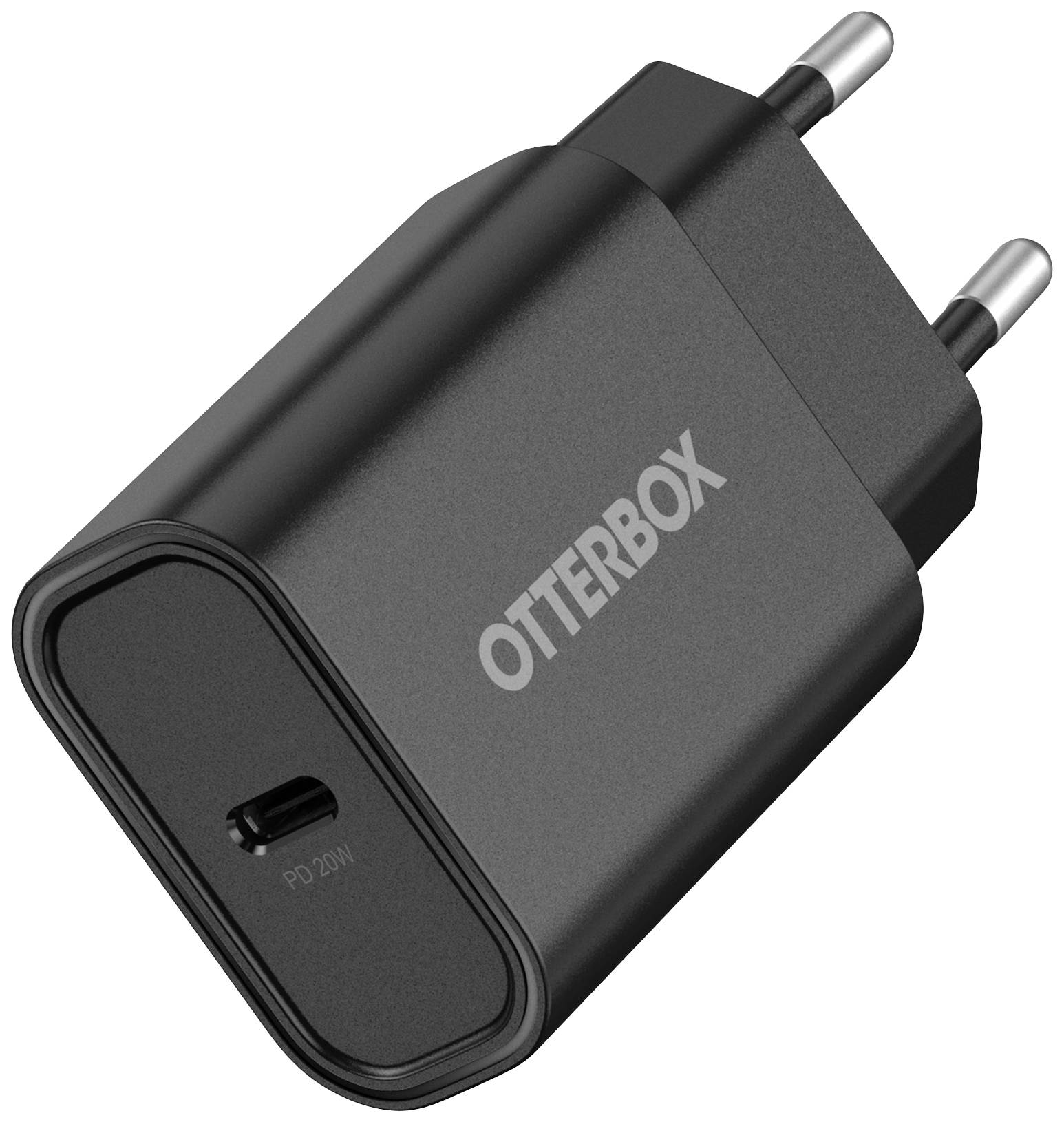 Ein schwarzes Netzteil mit zwei runden Stiften und einem USB-C-Anschluss; die Marke 'OtterBox' ist darauf aufgedruckt.