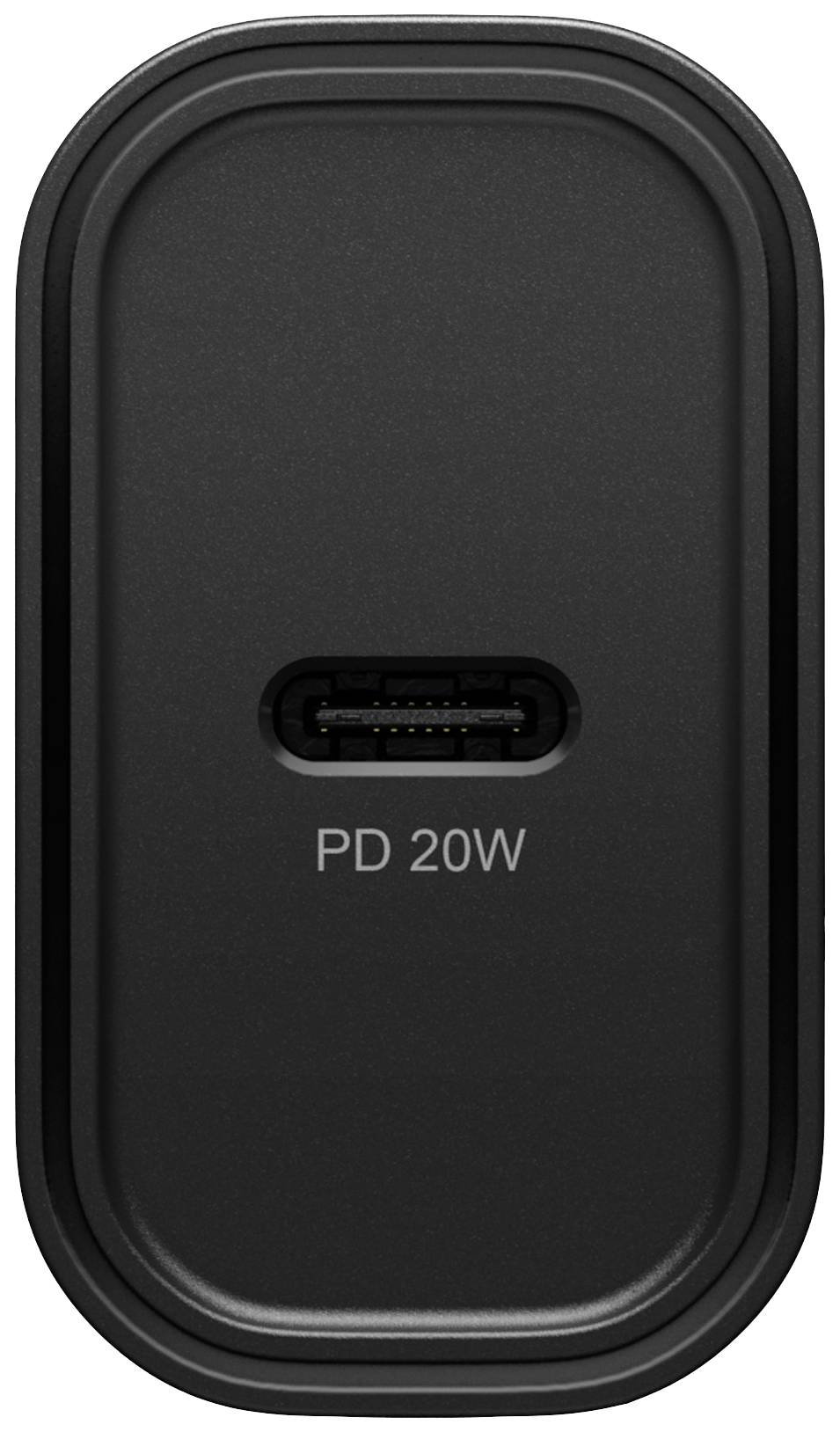 Ein schwarzes Ladegerät mit einem USB-C-Anschluss, beschriftet mit 'PD 20W'.