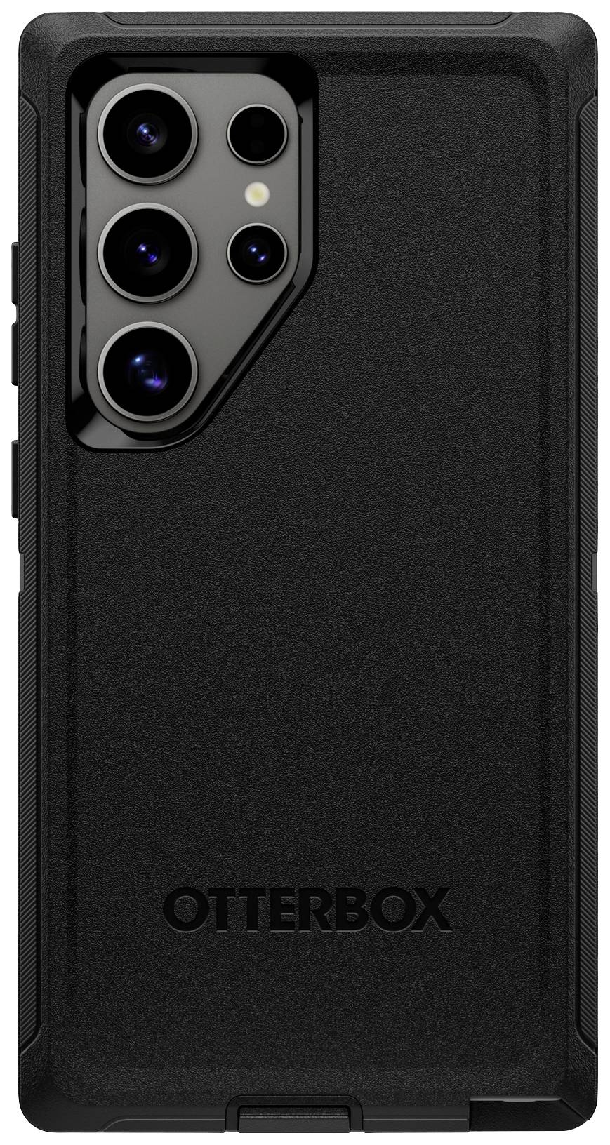 Ein schwarzes Handy mit einer OtterBox-Schutzhülle, das eine robuste und schützende Rückseite bietet.