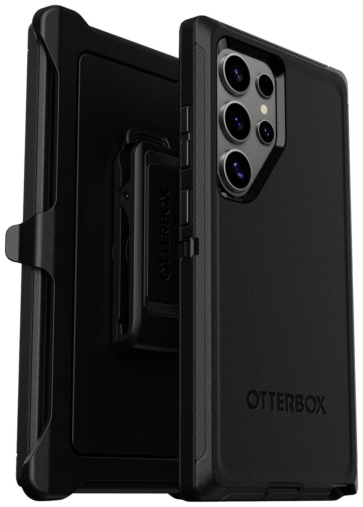 Schwarzes OtterBox-Handyhülle, robustes Design mit mehreren Kameraausschnitten und integriertem Halterungsclip.