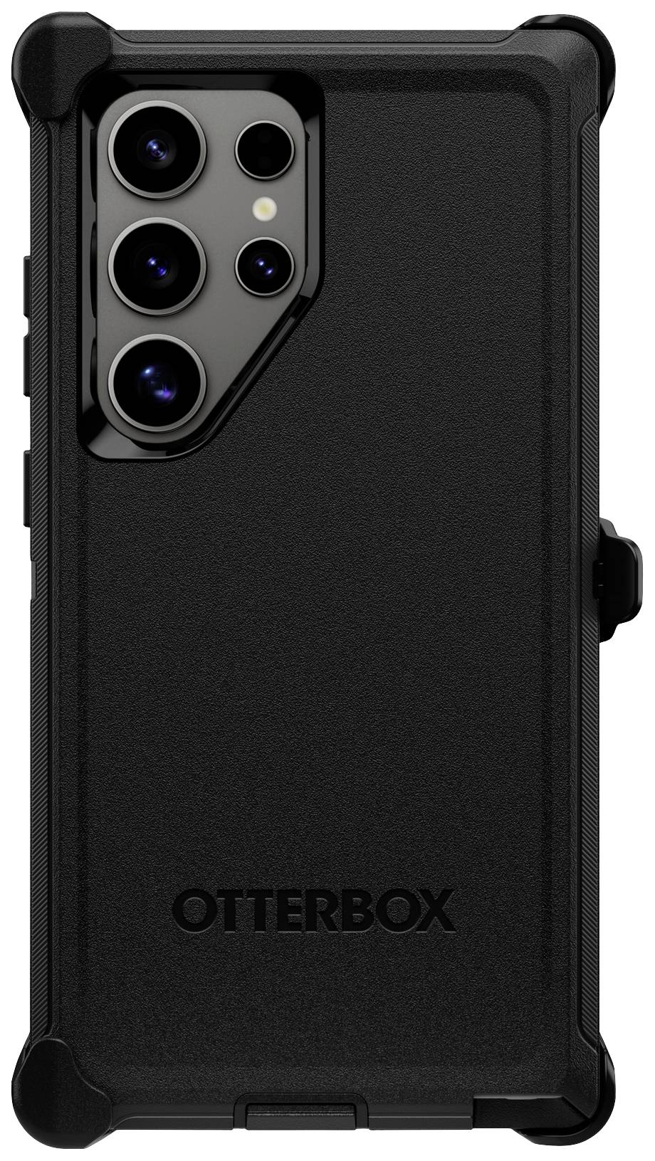 Ein schwarzes Smartphone mit einer robusten Schutzhülle von Otterbox. Die Hülle verfügt über verstärkte Kanten für zusätzlichen Schutz.