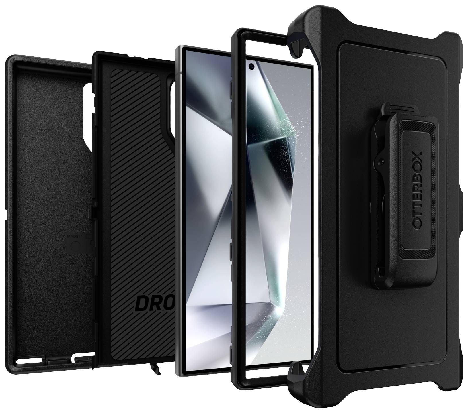 Explodierte Ansicht einer robusten Handyhülle mit mehreren Schichten, die Schutz und einen Gürtelclip zeigt.