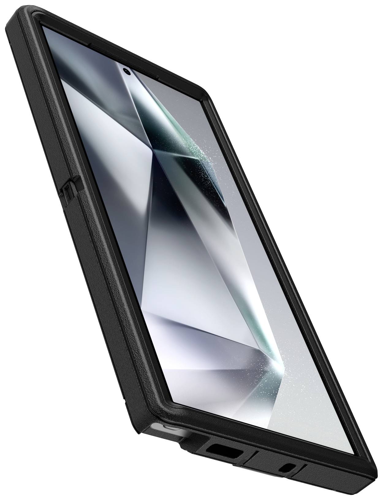 Ein modernes Smartphone mit schwarzem Gehäuse, das aufrecht steht. Das Display zeigt geometrische Muster in Silber- und Grautönen.