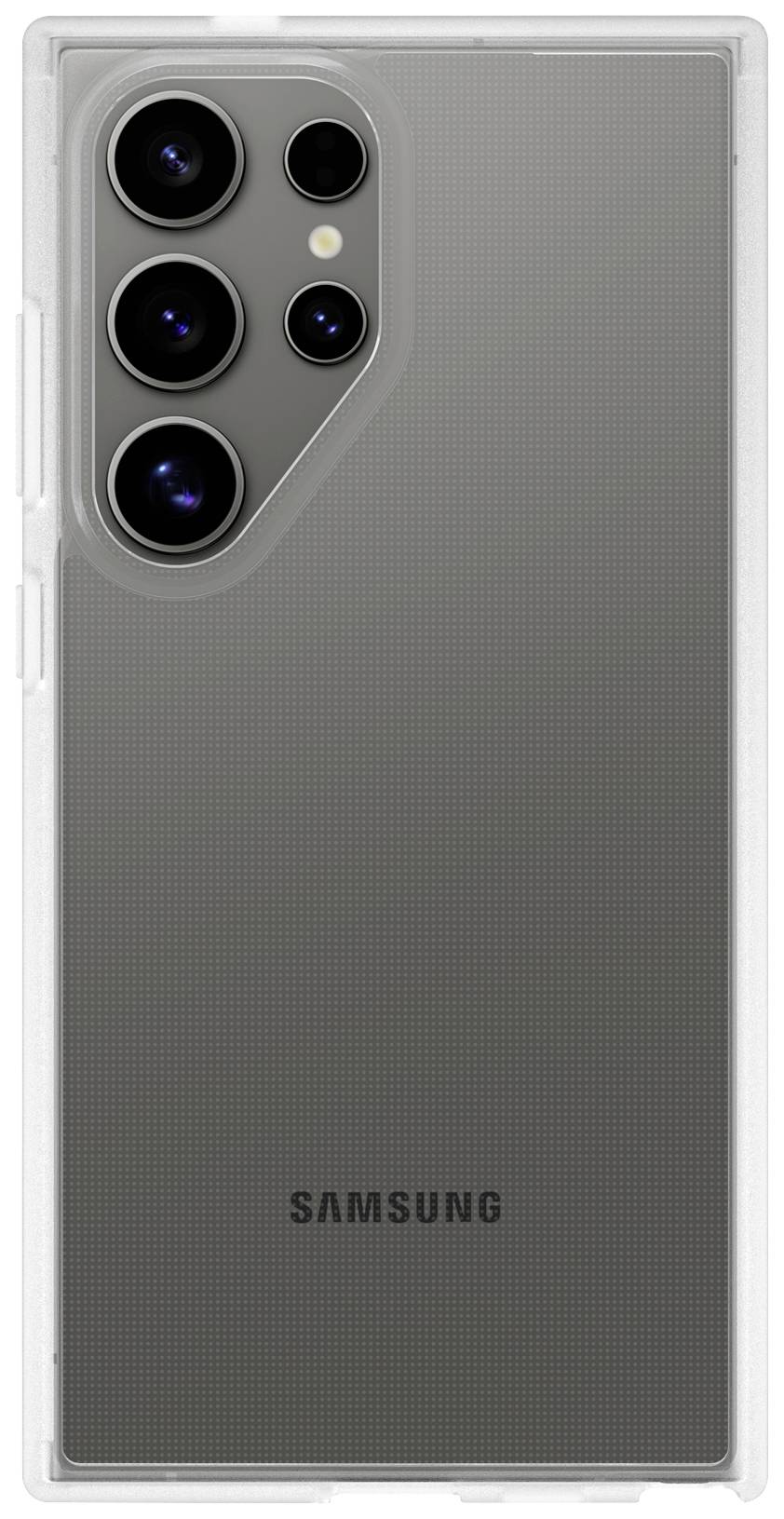 Ein Smartphone mit vier Kameralinsen auf der Rückseite, darunter das Samsung-Logo. Das Gerät hat eine klare, rechteckige Form.