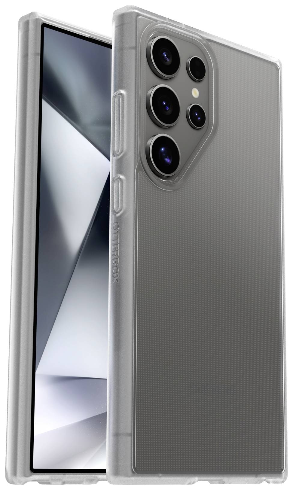 Smartphone mit transparentem Schutzgehäuse, das vier Rückkameras und ein randloses Display zeigt.