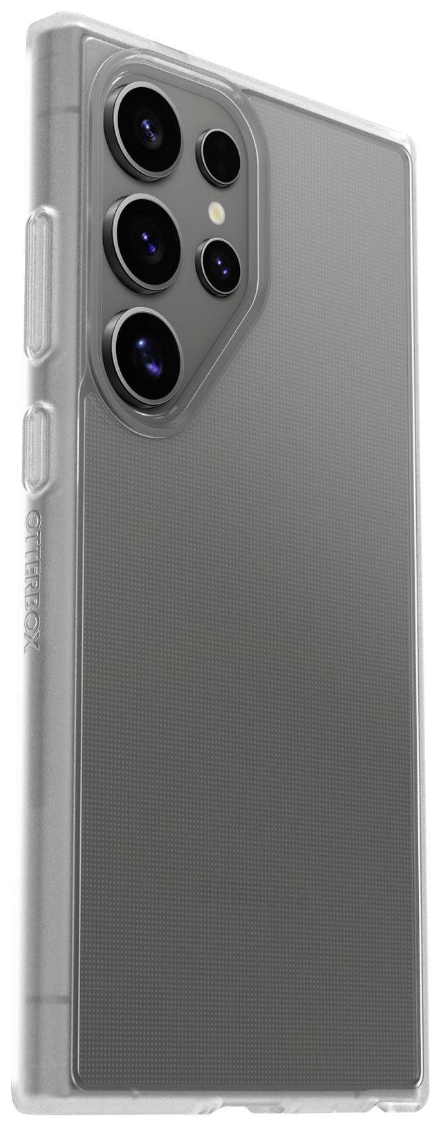 Smartphone mit transparentem Schutzgehäuse, das die Rückseite und die Kameralinsen umrahmt, auf weißem Hintergrund.