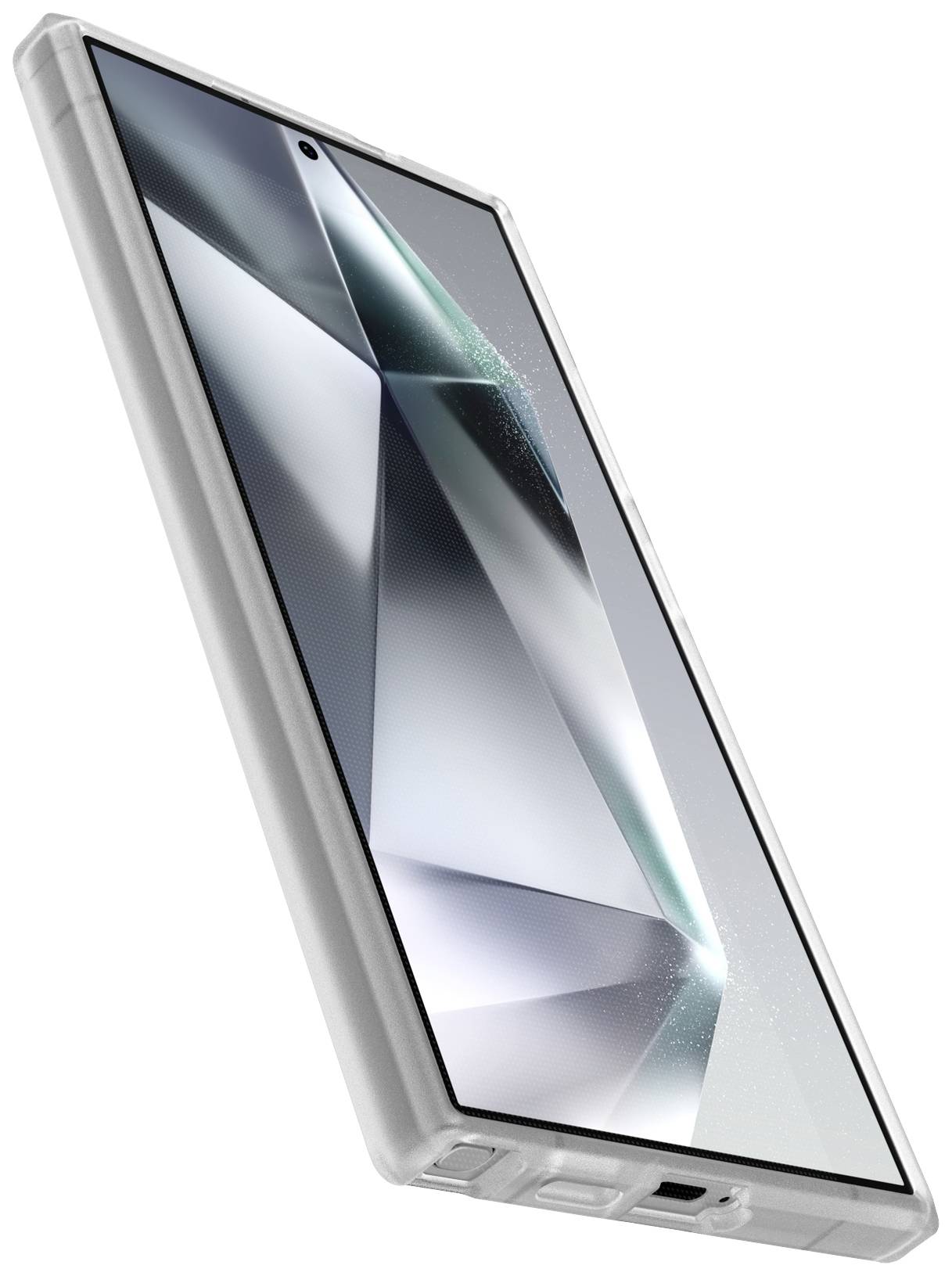 Smartphone mit kantigem Design und glänzendem Bildschirm, Gehäuse in hellgrauer Farbe. Seitenansicht, Fokus auf Design und Linienführung.