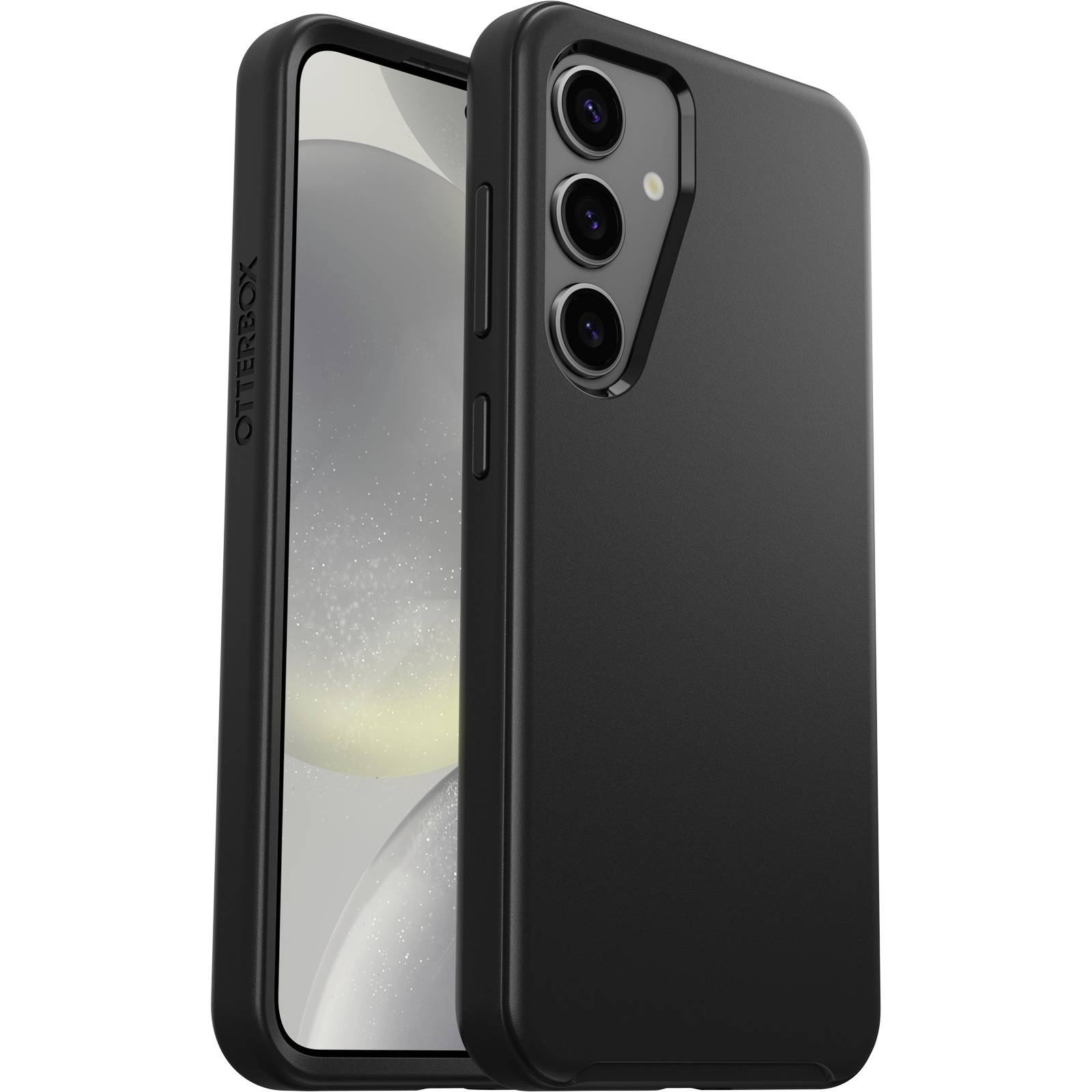 Smartphone mit dreifacher Kameralinse in schwarzer Schutzhülle von der Seite betrachtet. Bildschirm dunkel, Hülle weist den Markennamen auf.