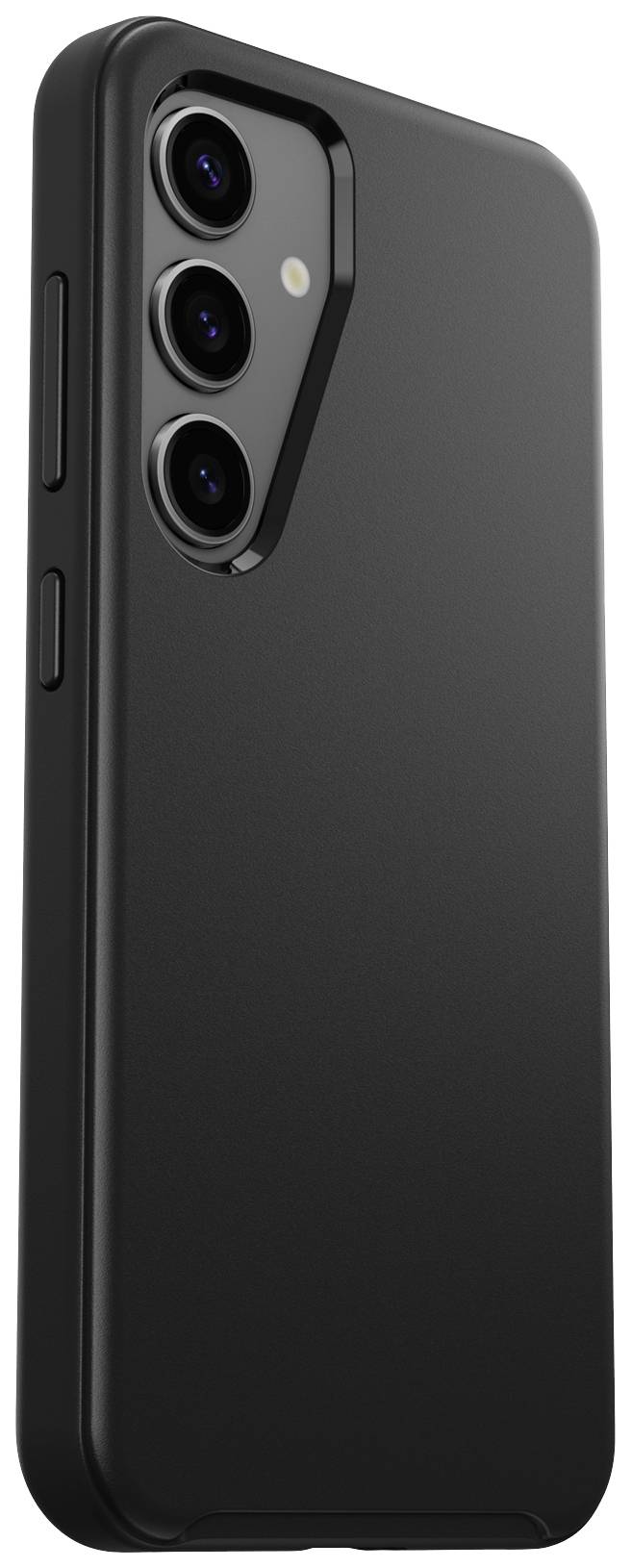 Ein schwarzes Smartphone-Gehäuse mit drei Kameralinsen und zwei Tasten an der Seite.