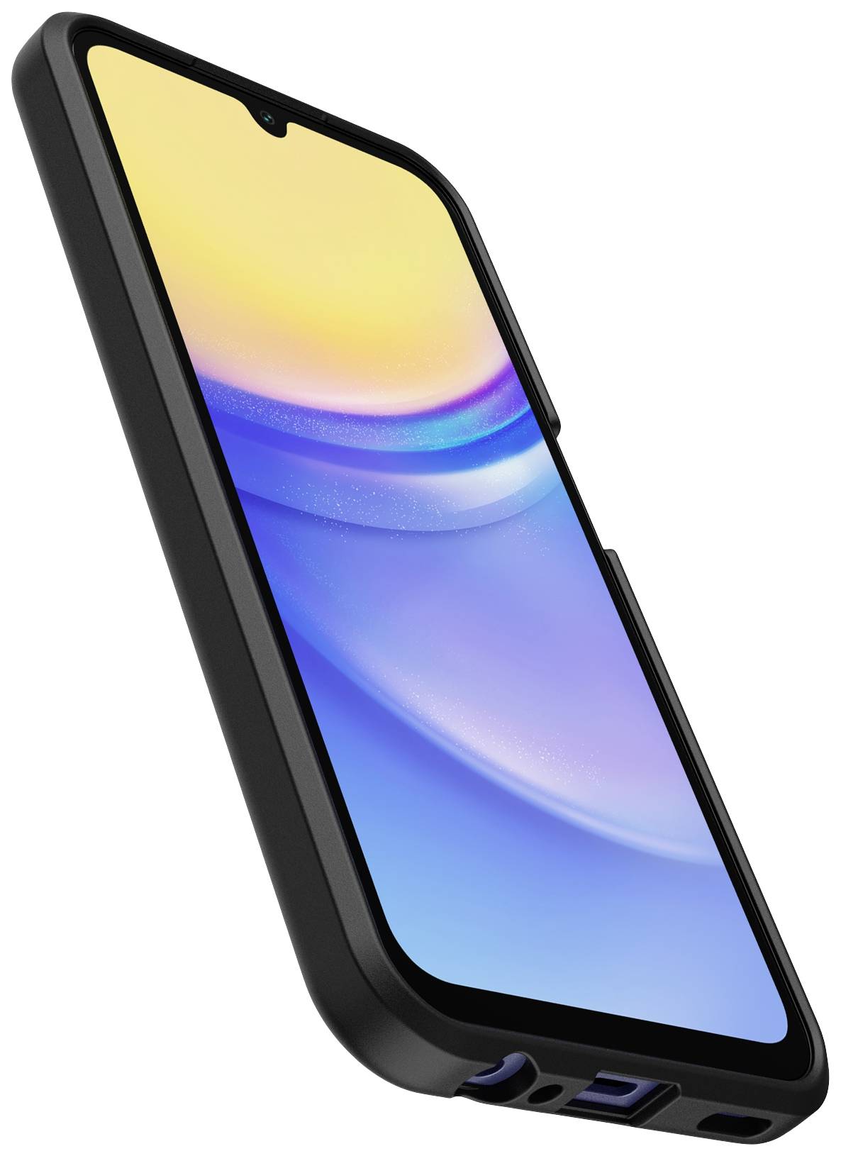 Ein Smartphone in einem robusten schwarzen Gehäuse. Der Bildschirm zeigt ein farbenfrohes Hintergrundbild in Gelb, Lila und Blau.