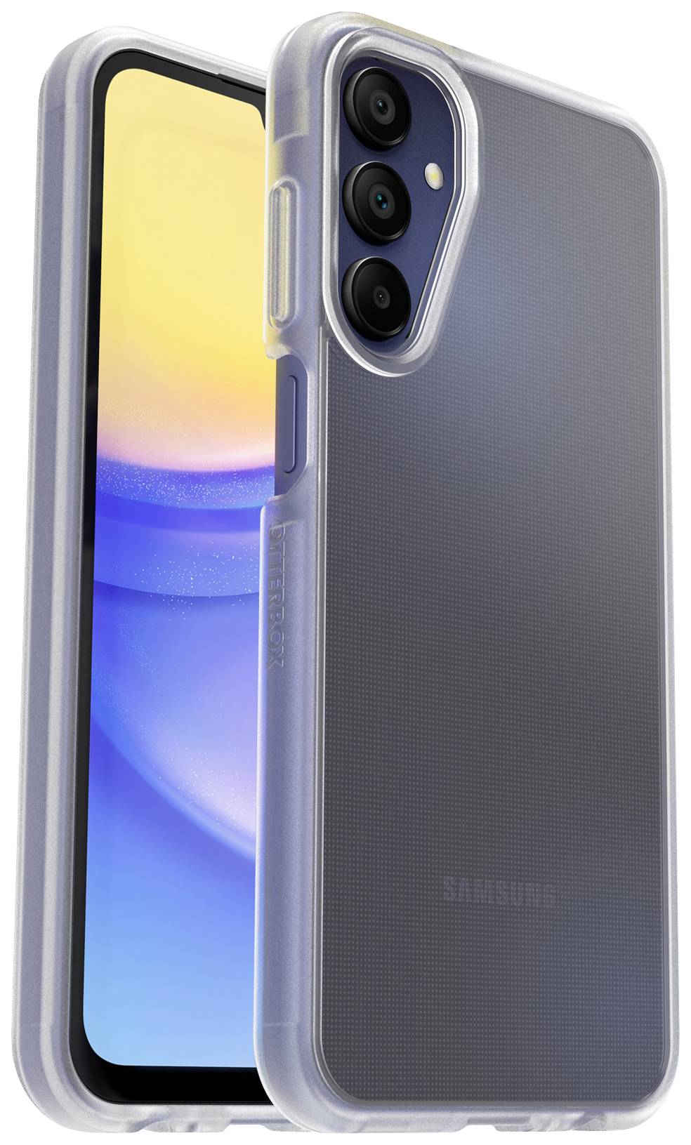 Ein Smartphone mit klarer Schutzhülle, sichtbar von hinten und von der Seite. Das Display zeigt ein abstraktes, farbiges Muster.