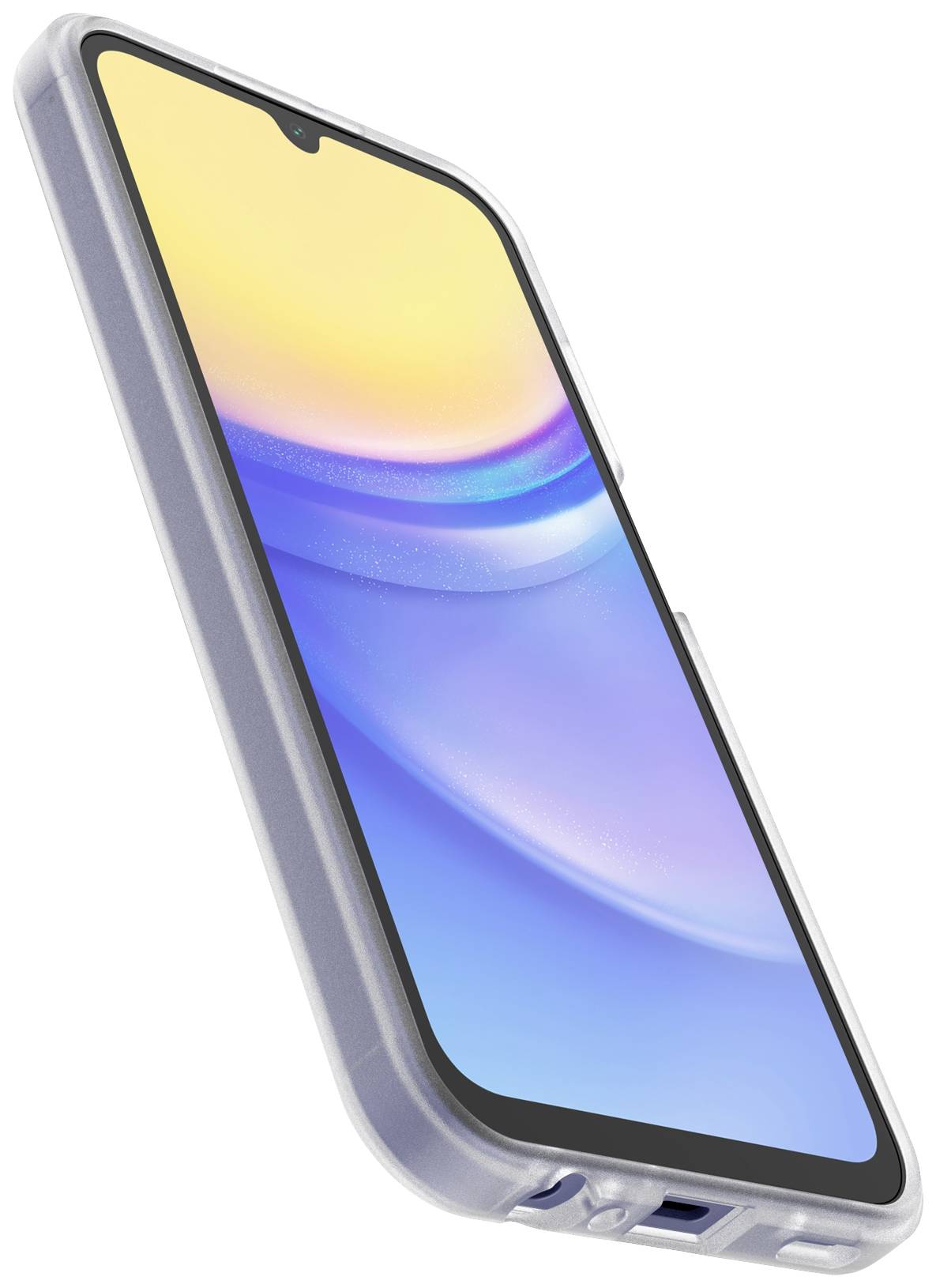 Ein Smartphone mit blau-gelbem Bildschirm in einer durchsichtigen Hülle, leicht angewinkelt dargestellt.