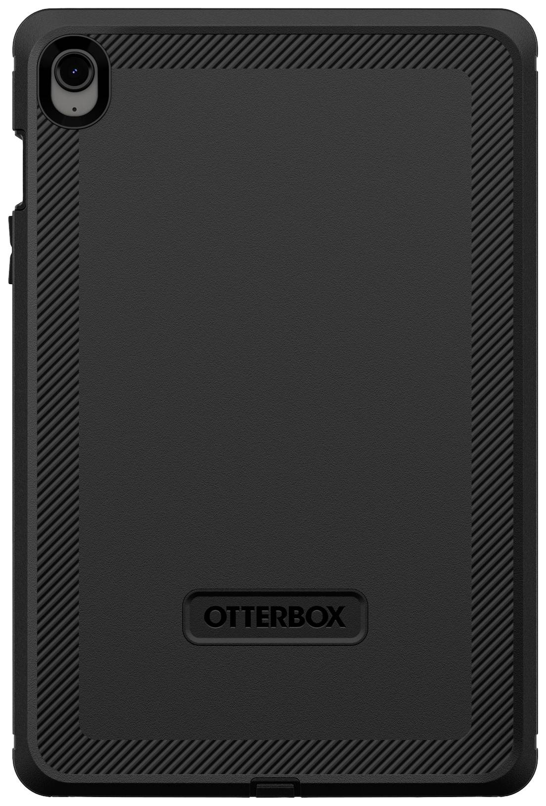 Schwarze Tablet-Hülle mit strukturiertem Rahmen und Kameraausschnitt in der oberen linken Ecke, Markenname 'OTTERBOX' auf der Rückseite.
