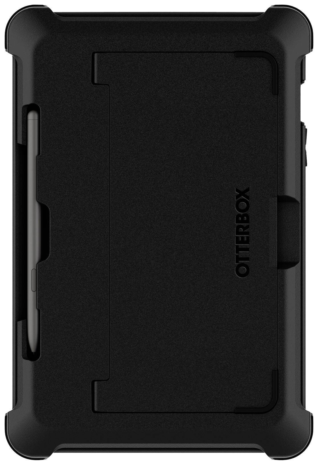 Eine schwarze Schutzhülle für ein Tablet, auf der 'OtterBox' steht. Links ist ein Stifthalter integriert.