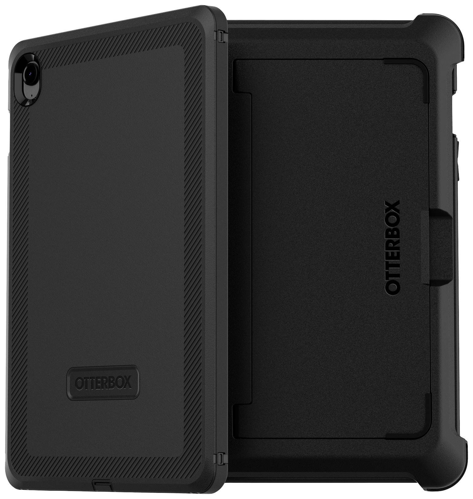 Schwarzes Tablet in robuster Schutzhülle von OtterBox, halb geöffnet, zeigt strapazierfähiges Design für erhöhte Stoßfestigkeit.