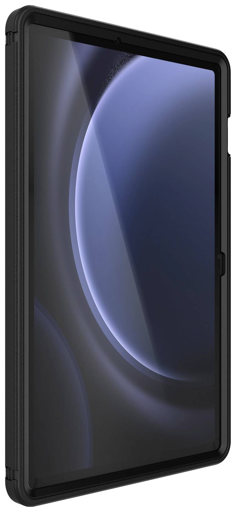 Ein Tablet mit schwarzem Gehäuse und abgerundeten Ecken. Der Bildschirm zeigt abstrakte, dunkle Blau- und Grautöne.