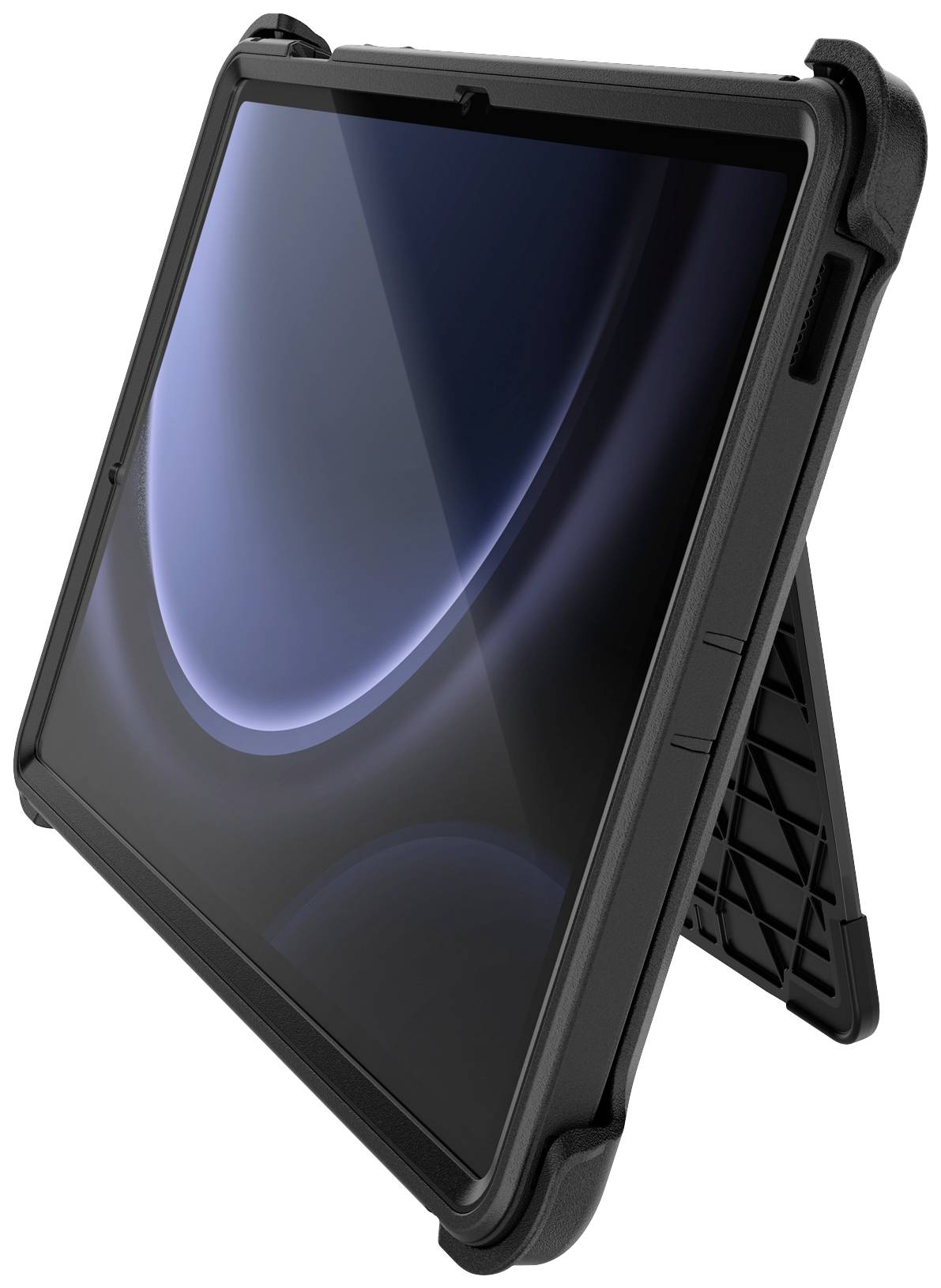 Ein Tablet in einer schwarzen, robusten Schutzhülle mit Ständer, aufgestellt auf einer weißen Oberfläche. Bildschirm zeigt ein abstraktes Design.