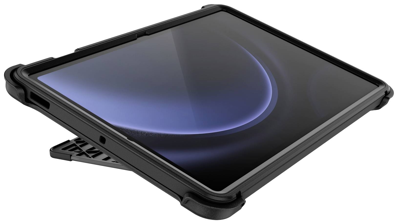 Ein Tablet in einer robusten schwarzen Hülle, das leicht angewinkelt auf einem Tisch liegt. Es zeigt einen dunklen Bildschirm.