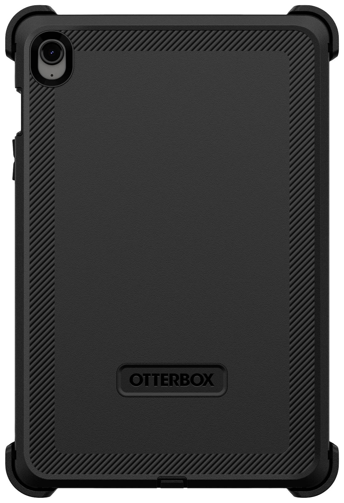 Schwarze Schutzhülle für ein Tablet mit markanten Ecken und strukturierter Oberfläche. Markierung 'OtterBox' auf der Rückseite.