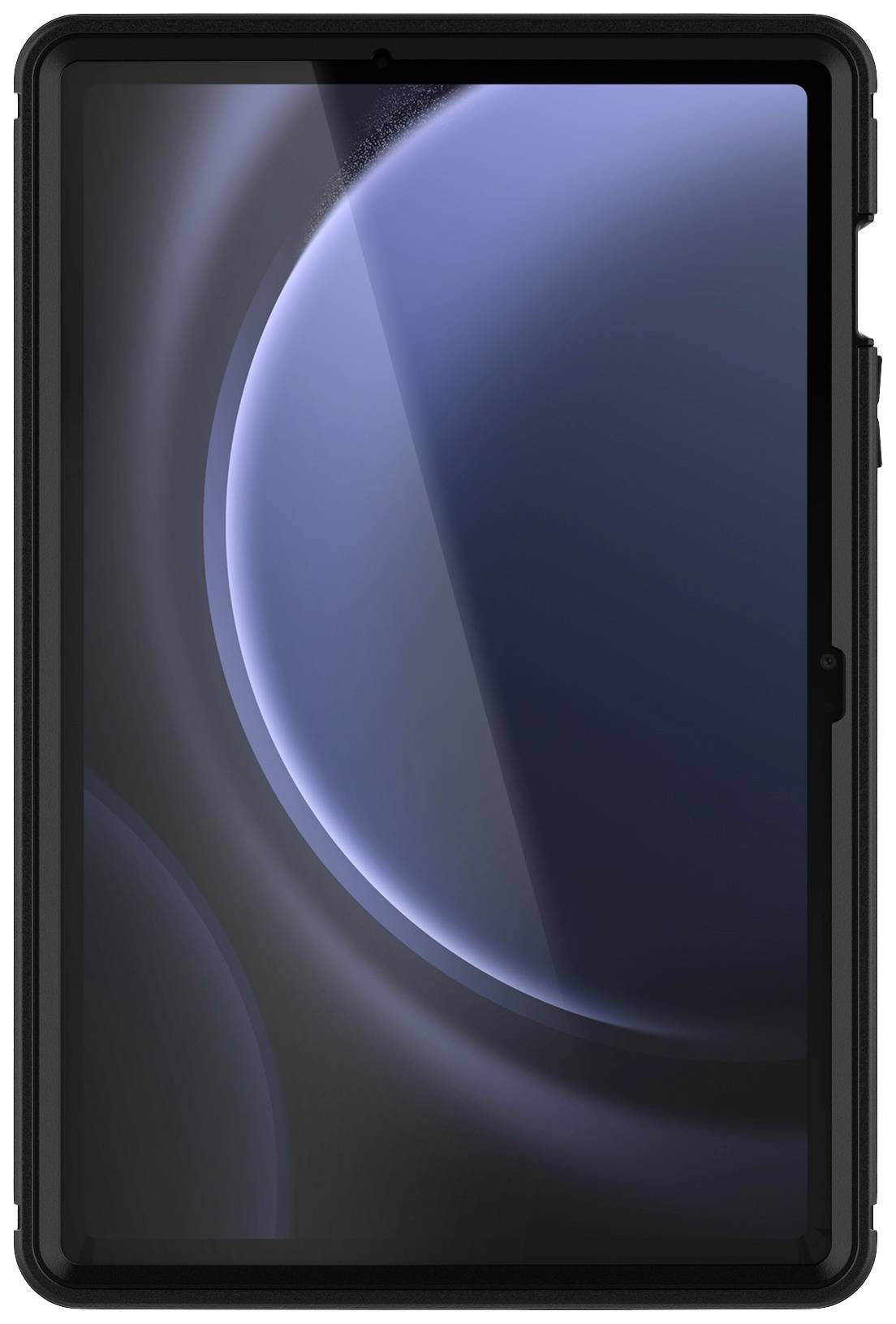 Ein Tablet mit schwarzem Gehäuse und großem, dunklem Bildschirm. Der Bildschirm zeigt kreisförmige blaue Lichtreflexe.