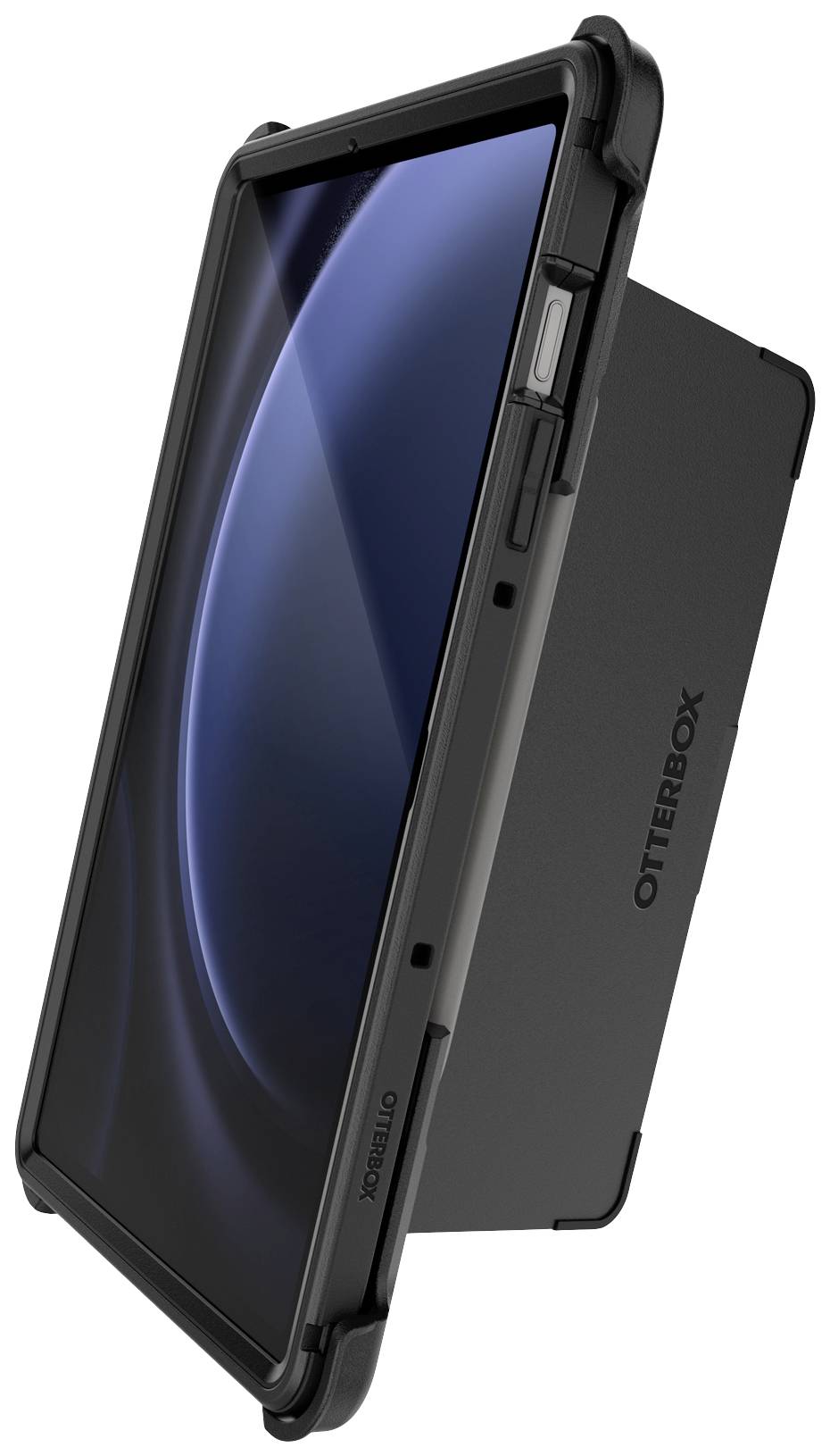 Tablet in schwarzer Schutzhülle von OtterBox, Bildschirm zeigt dunklen blauen Farbverlauf. Hülle bietet robusten Schutz.