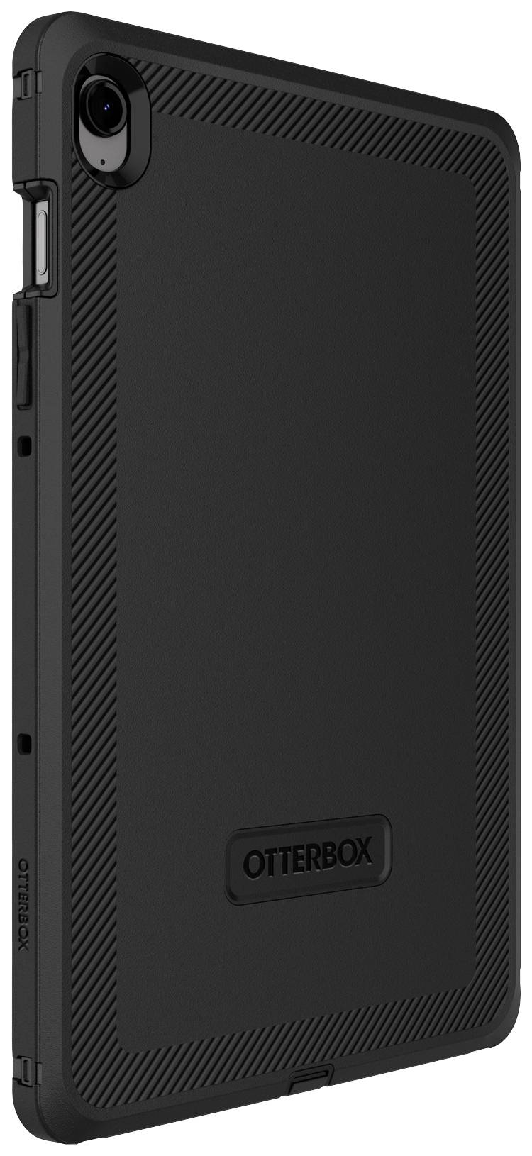 Schwarzes Tablet mit robustem Otterbox-Gehäuse, Ansicht von hinten, zeigt Markennamen.