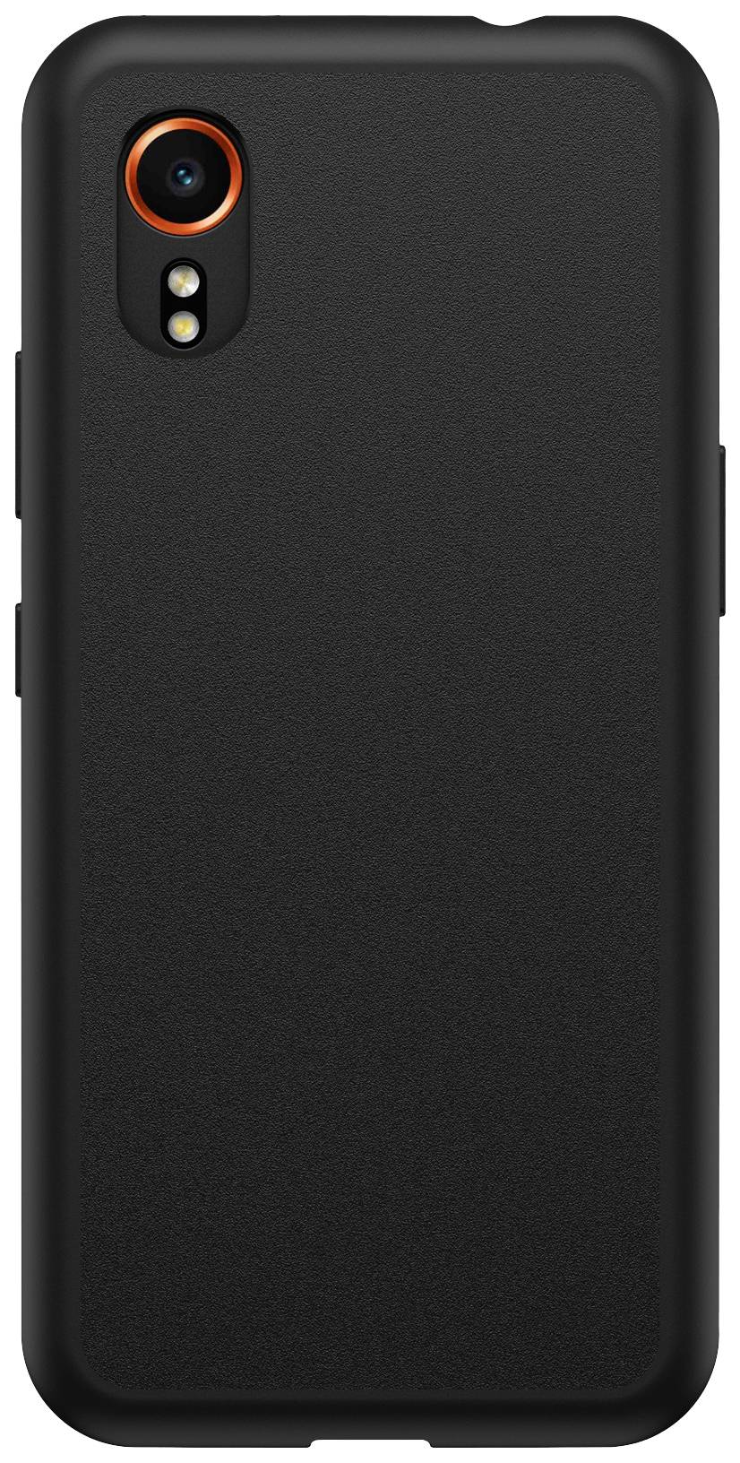 Schwarze Smartphone-Rückseite mit Kameralinse oben links, umgeben von einem orangefarbenen Ring, und einem LED-Blitz darunter.