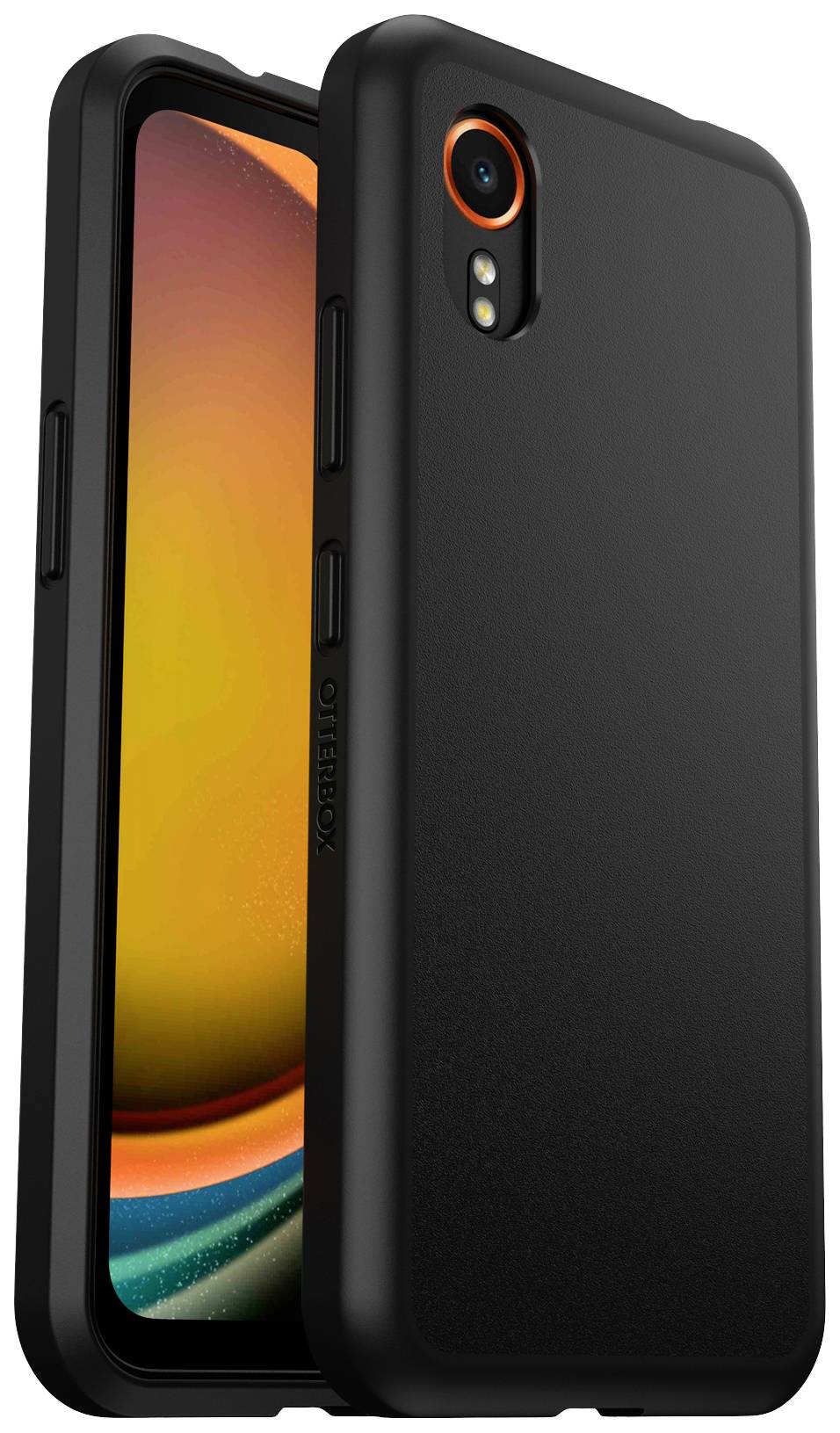 Das Bild zeigt ein Smartphone in einer schwarzen Schutzhülle mit orangefarbenem Akzent um die Kamera.