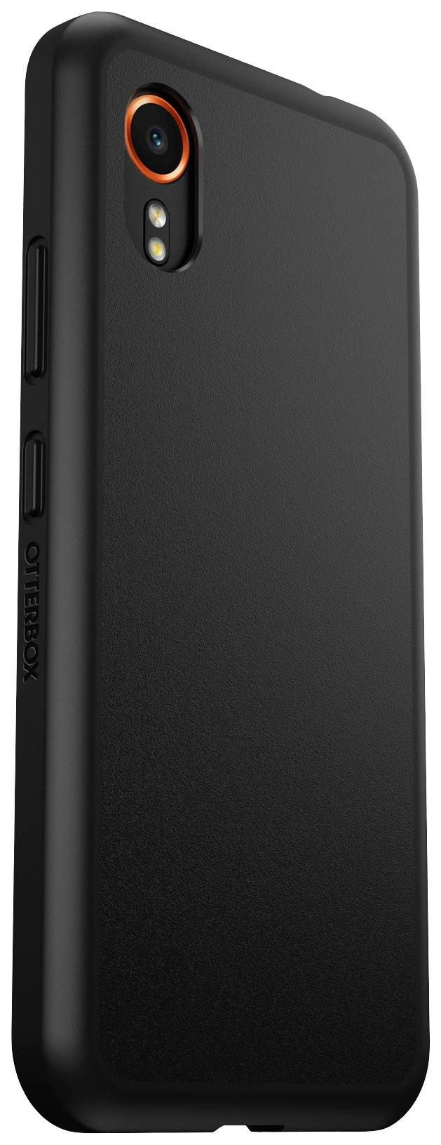 Smartphone mit schwarzem Otterbox-Schutzgehäuse, das Kamera und Tasten zeigt.