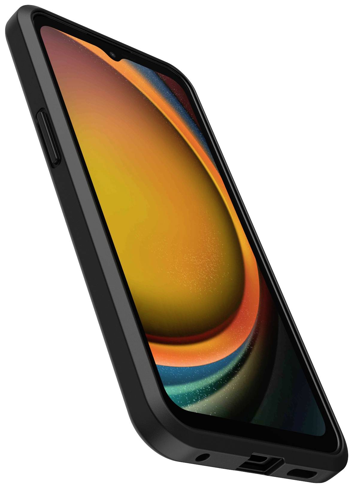 Ein schwarzes Smartphone mit modernem Design, das seitlich geneigt gezeigt wird. Der Bildschirm zeigt ein abstraktes Muster in Orange- und Gelbtönen.