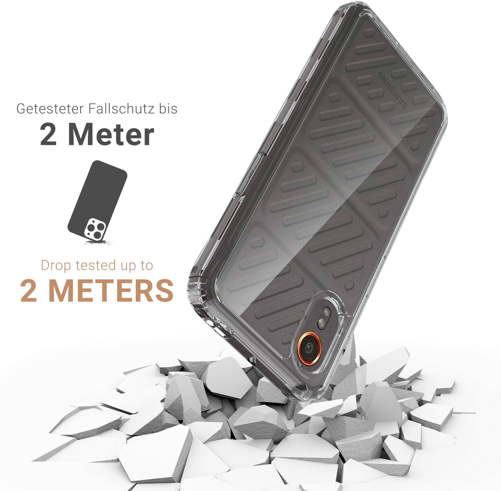 Smartphone-Hülle auf zerbrochenem Boden, Text 'Getesteter Fallschutz bis 2 Meter', zeigt robuste Hülle für Fallsicherheit.