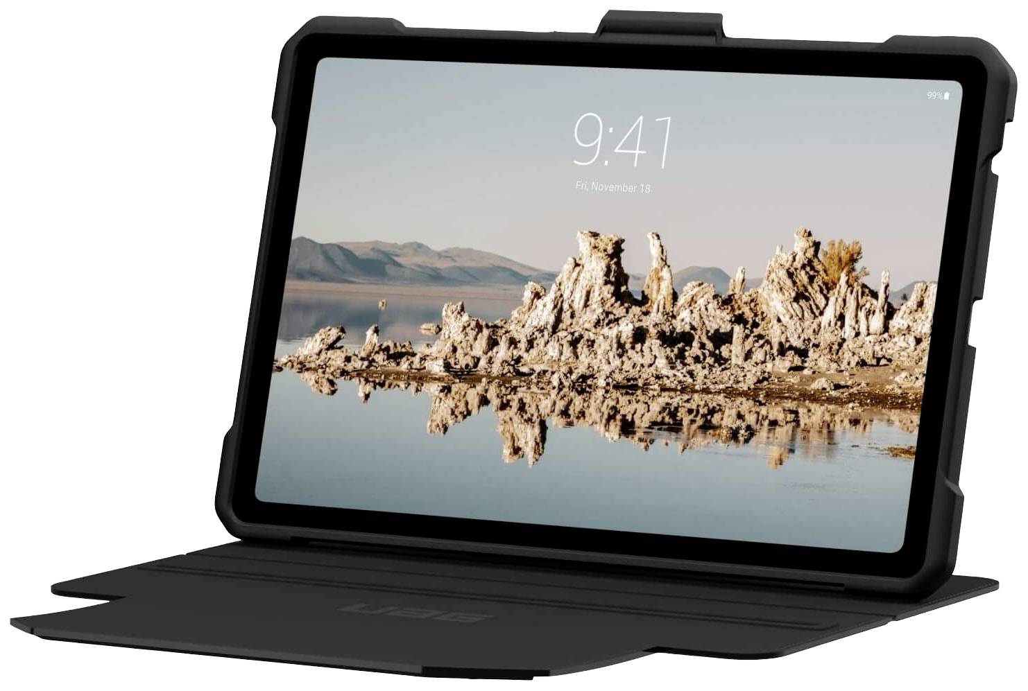 Tablet mit Schutzhülle, zeigt einen Bildschirm mit einem See- und Bergpanorama. Es ist 9:41 Uhr laut der Uhr auf dem Display.